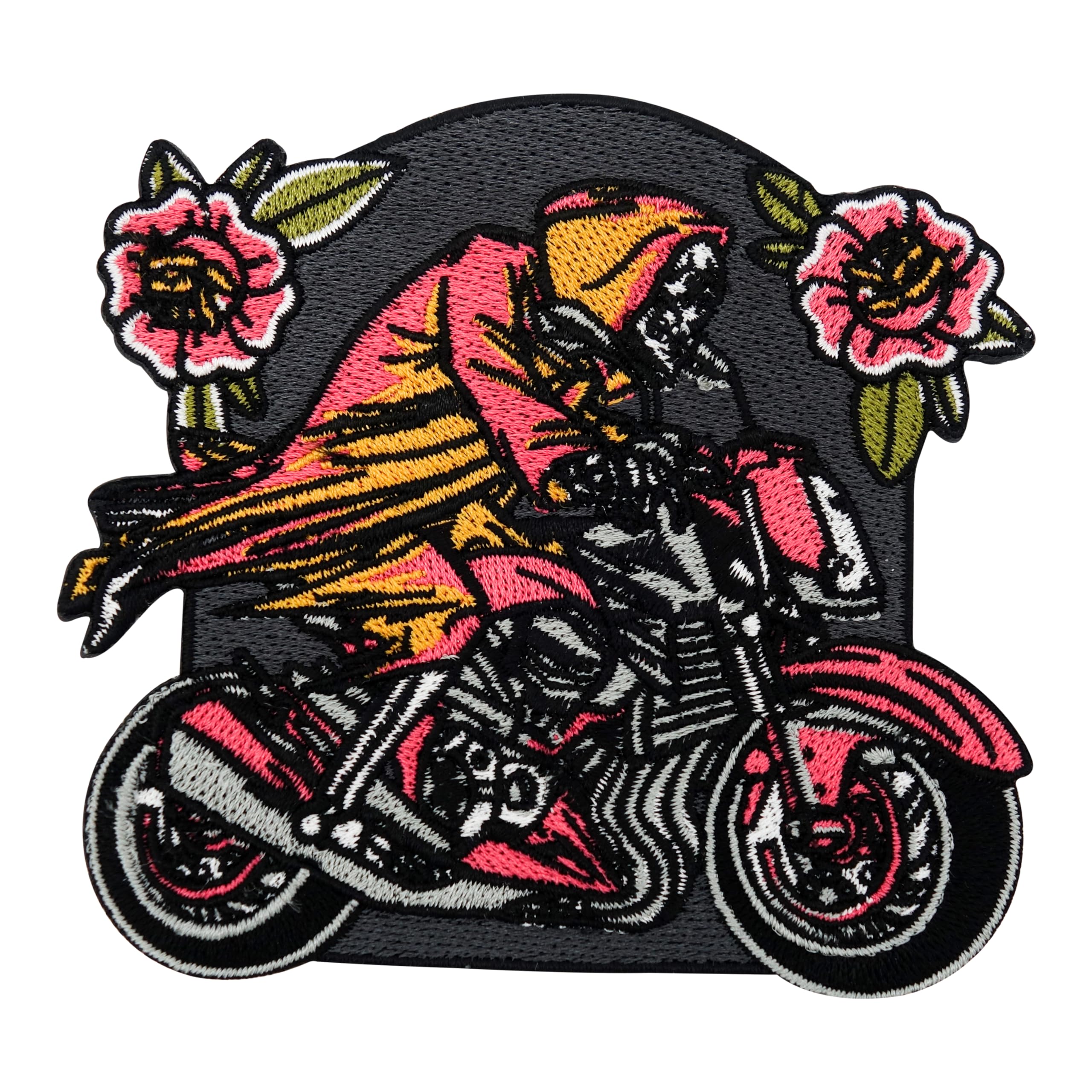 Iron-On Patch – Ghost Biker Motorcycle Cowl Patches, Skull Iron-On Patches, Motorcycle Back Patch with Flowers, Large Patch for Vest Finally Home, Black, red, orange, Etwas größer