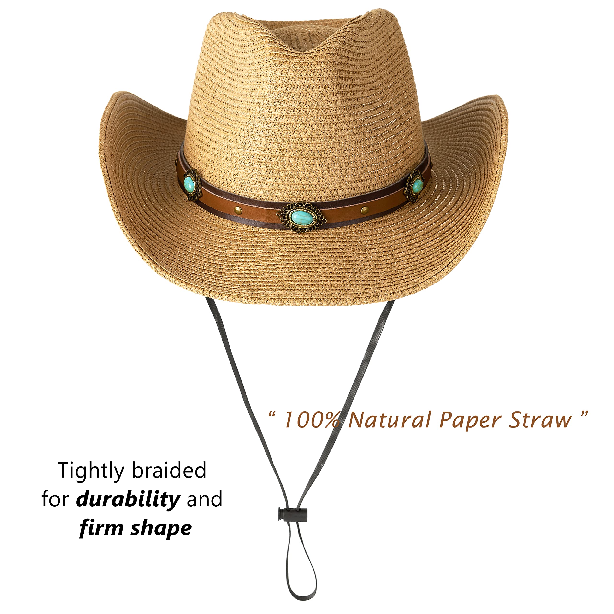 Lisianthus Straw Cowboy Hat for Women & Men Western Cowgirl Hat with Wide Brim Turquoise-Khaki