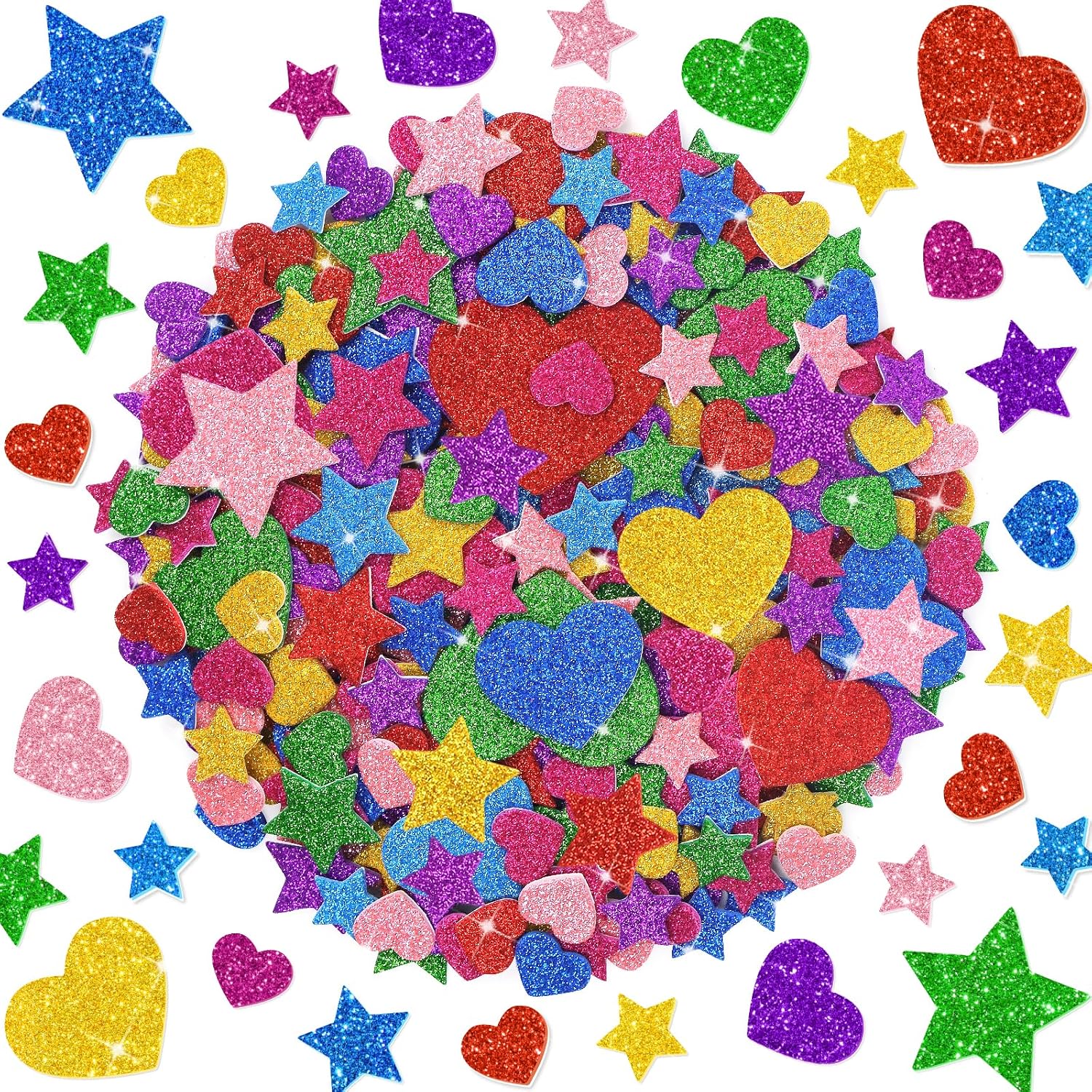 1000 PCS Glitter Foam Stickers, Foam Heart and Star Stickers, 8 Colors