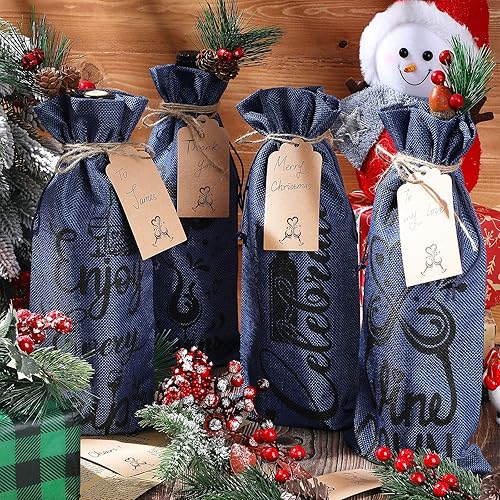 Miniatura 7 de Shappy 10 bolsas de vino de lino de San Valentín, bolsas de envoltura de regalo, bolsas de vino de tela de San Valentín con cordón, bolsas de vino