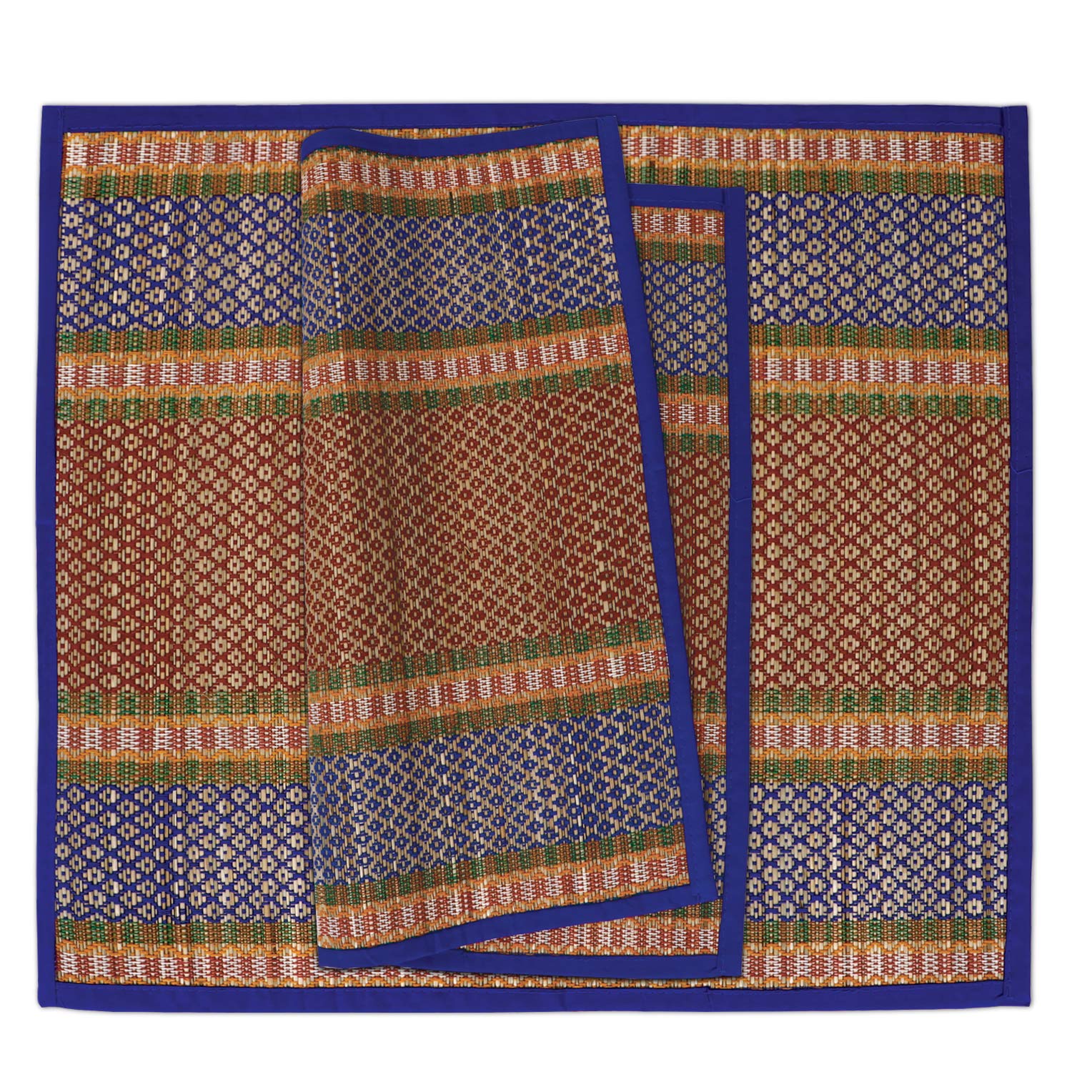 HOKIPO Natural River Grass Handcrafted Pooja Floor Mats/Meditation Prayer, Sittting, Aasan Mat Chatai Set of 2, 18x18 Inches (IN78-BLU*2)