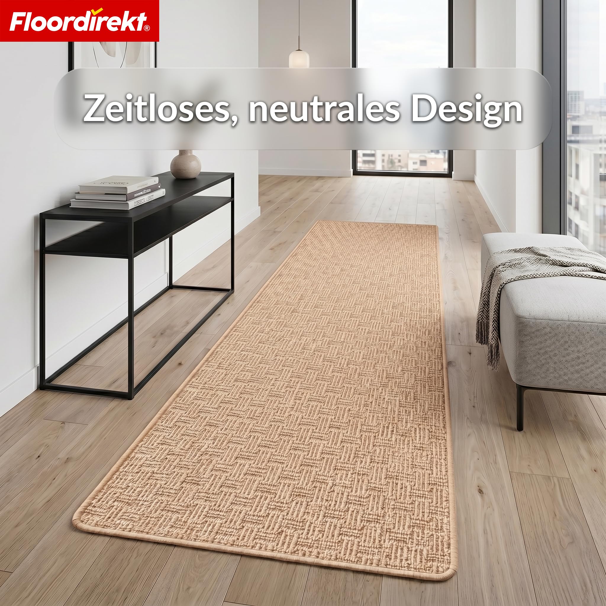 Floordirekt Teppichläufer Monaco Beige 80x400 cm - Läufer für Küche, Flur & Wohnraum - Feinschlingen Teppich - rutschfest & Antistatisch