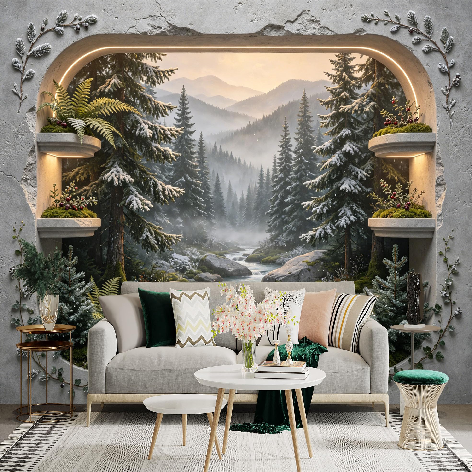 Custom Size Wall Sticker Mural， Snowy Forest River with Mountains and Fern Plants， for wall Decoration， peelandstick wall Decals.