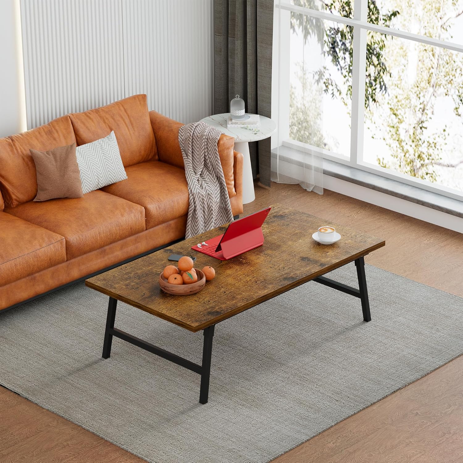 Folding Coffee Table, Portable Floor Table Desk for Sitting on The Floor, No Assembly Low Coffee Table for Living Room, Home, Caravan and Camping Use, Rustic Brown Wood, 39.4Lx19.7Wx15.8H