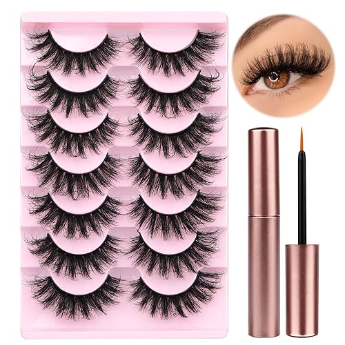 Pestañas esponjosas de visón con pegamento que parecen extensiones de ojos de gato, aspecto natural, 0.669 in, paquete de 7 pares