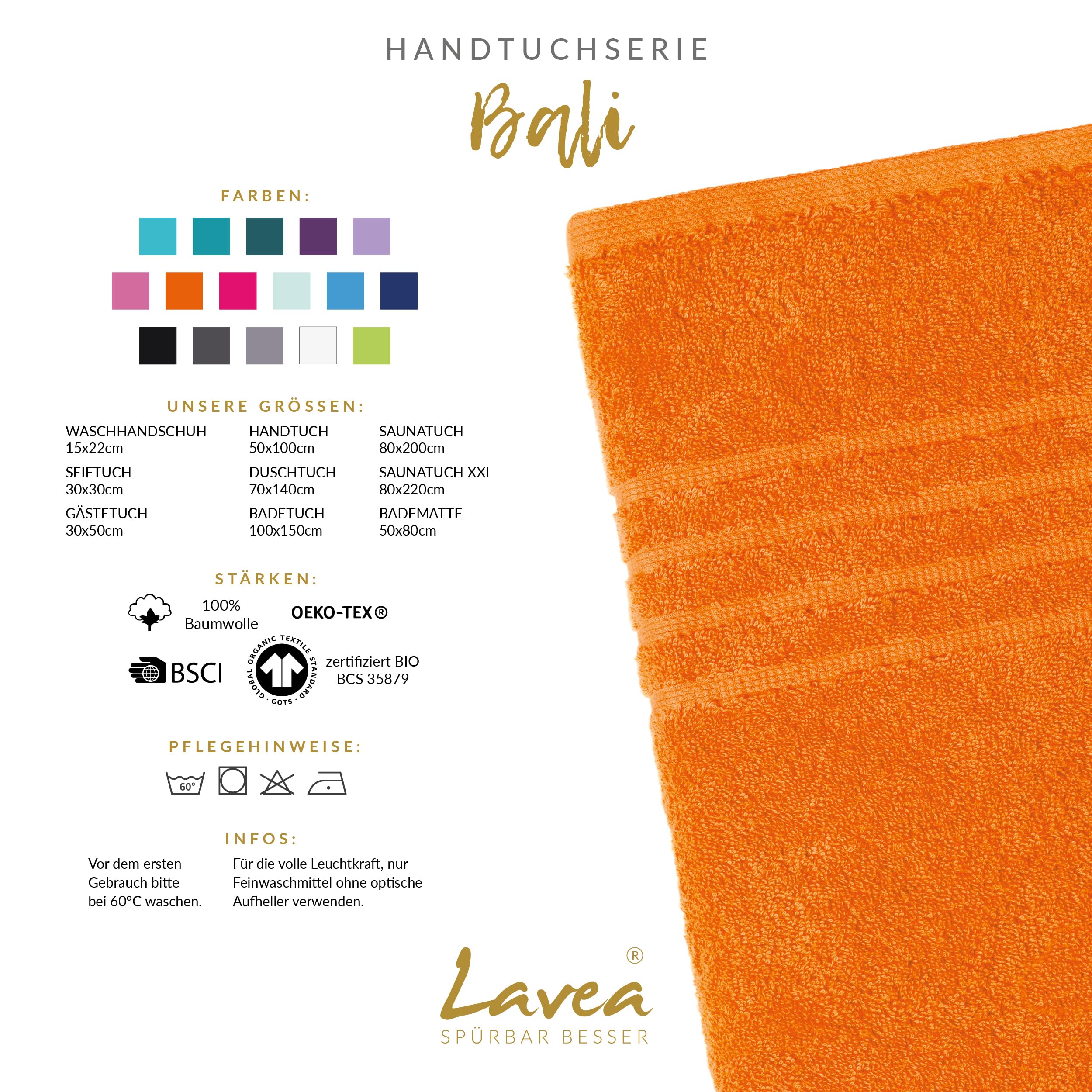 Lavea® 1 Tappetino da Bagno 50x80 cm – Antiscivolo e Lavabile in 100% Cotone Bio – Assorbente e Resistente – Ideale per Bagno e Doccia – Arancione