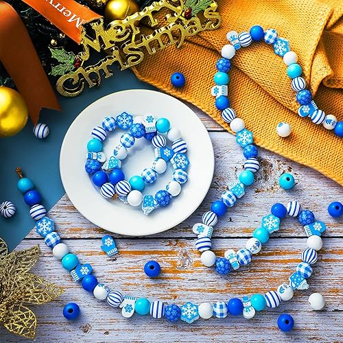 Miniatura 7 de 190 cuentas de madera de invierno con copos de nieve de 0.631 pulgadas, multicolor, naturales, coloridas, redondas, sueltas, espaciadoras, para