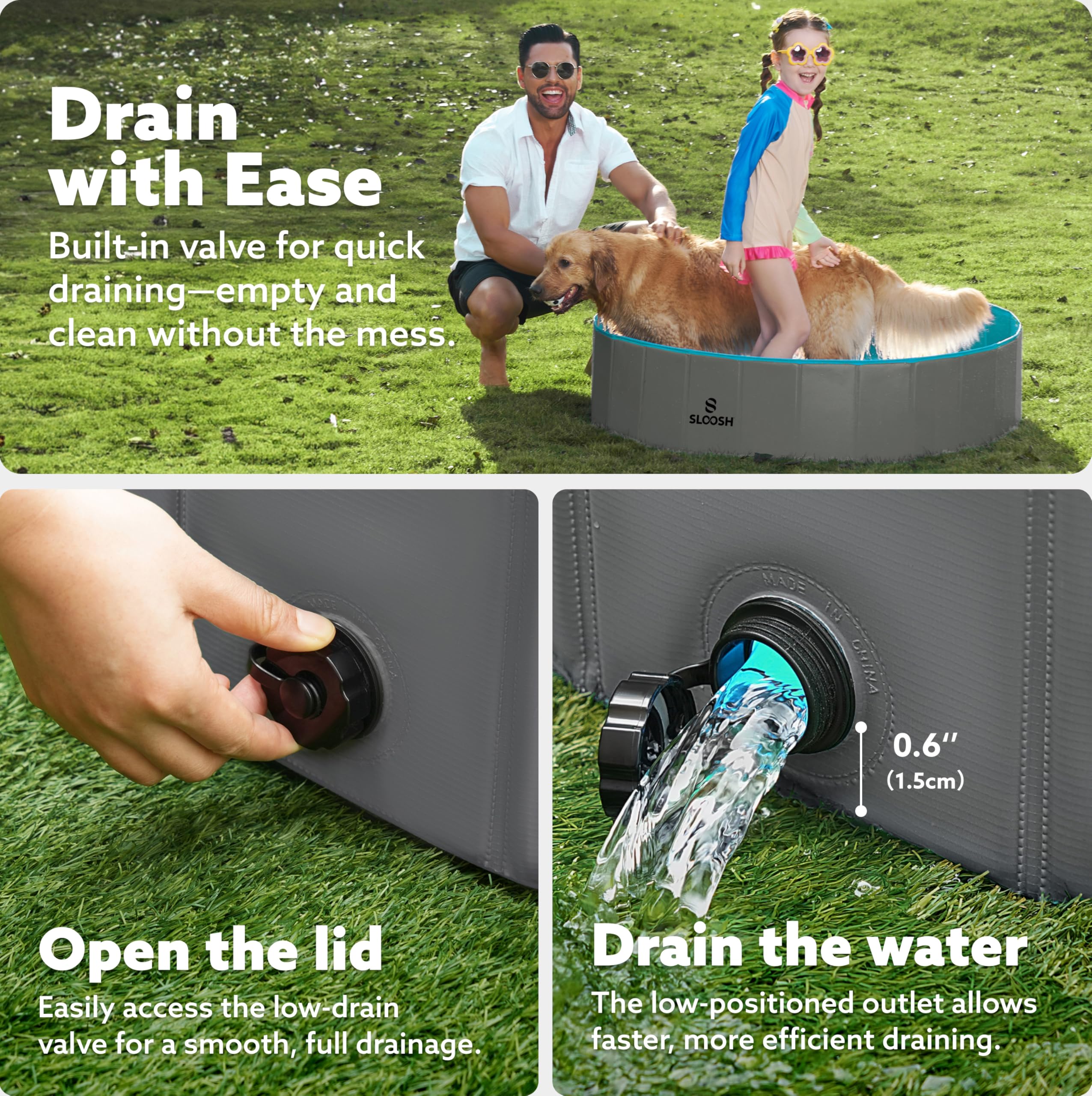 Sloosh Piscina pieghevole per cani, in plastica dura, portatile, antiscivolo, pieghevole, adatta per bambini, per uso interno ed esterno in cortile (121,9 x 30,5 cm, grigio)