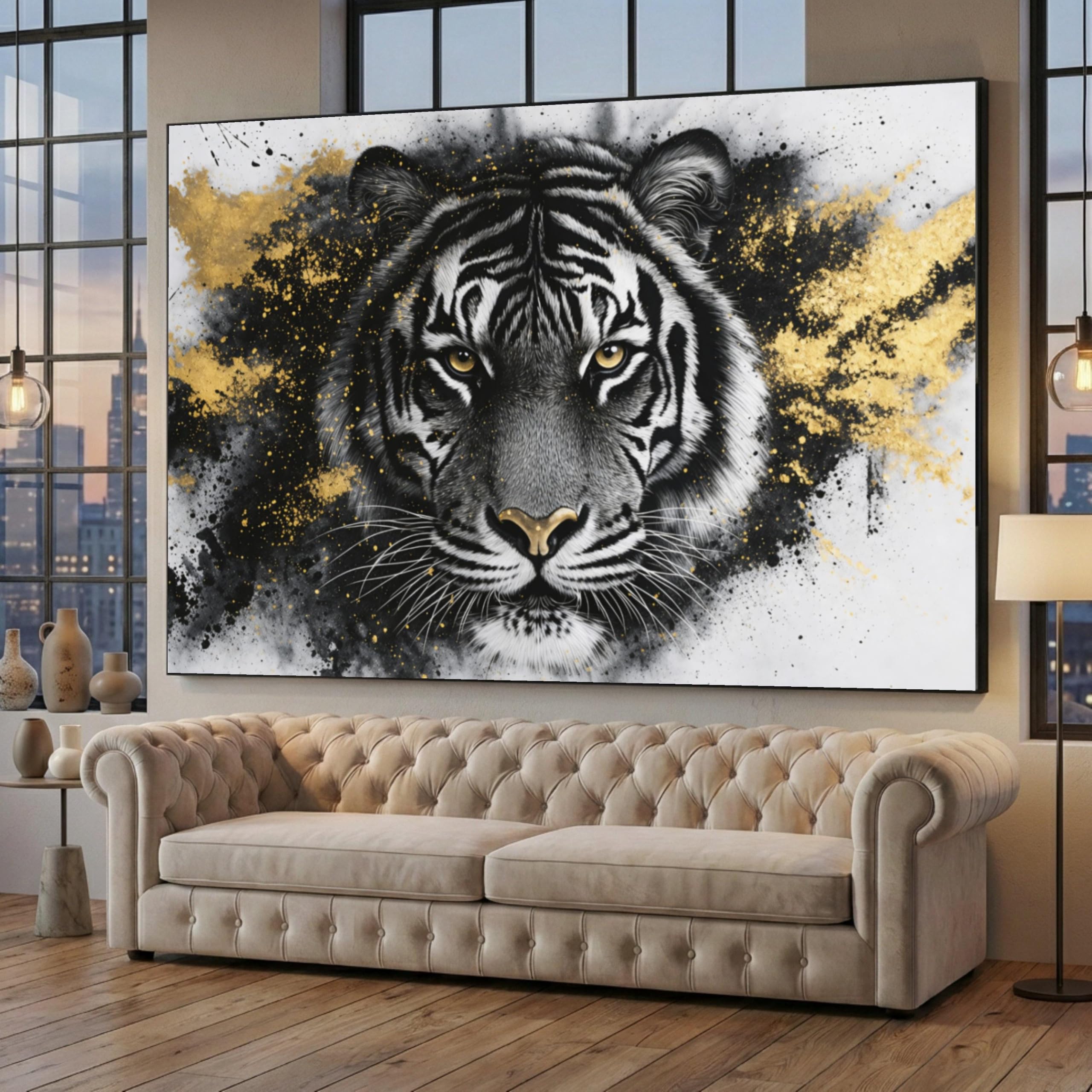 LMYCHENG Majestic Tiger Face Wall Art, Black Gold Splash Print, Wildlife Animal Portrait Canvas Oil Painting(80x120cm/Frameless)