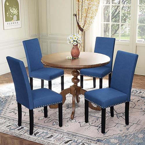LSSPAID Juego de 4 sillas de comedor tapizadas de tela con ribete de cabeza de clavo y patas de madera maciza para el hogar y la cocina, color azul