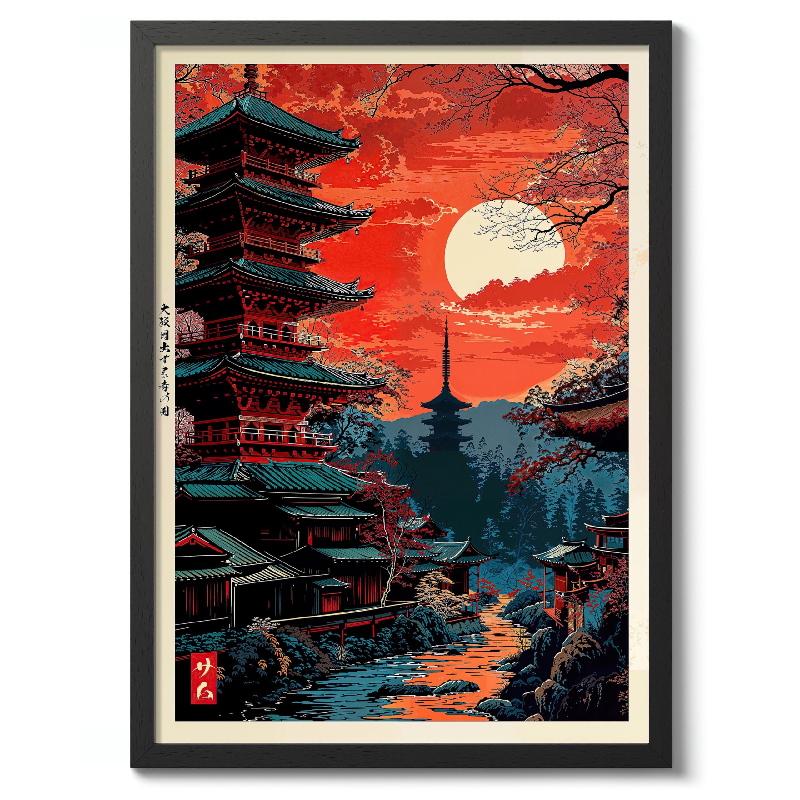 Tokyo Temple Anime Woodblock Poster Modern Ukiyo-E, Japanese Cartoon Illustration Print, Archival Matte, A1 (Black Frame) - 84.1x59.4cm