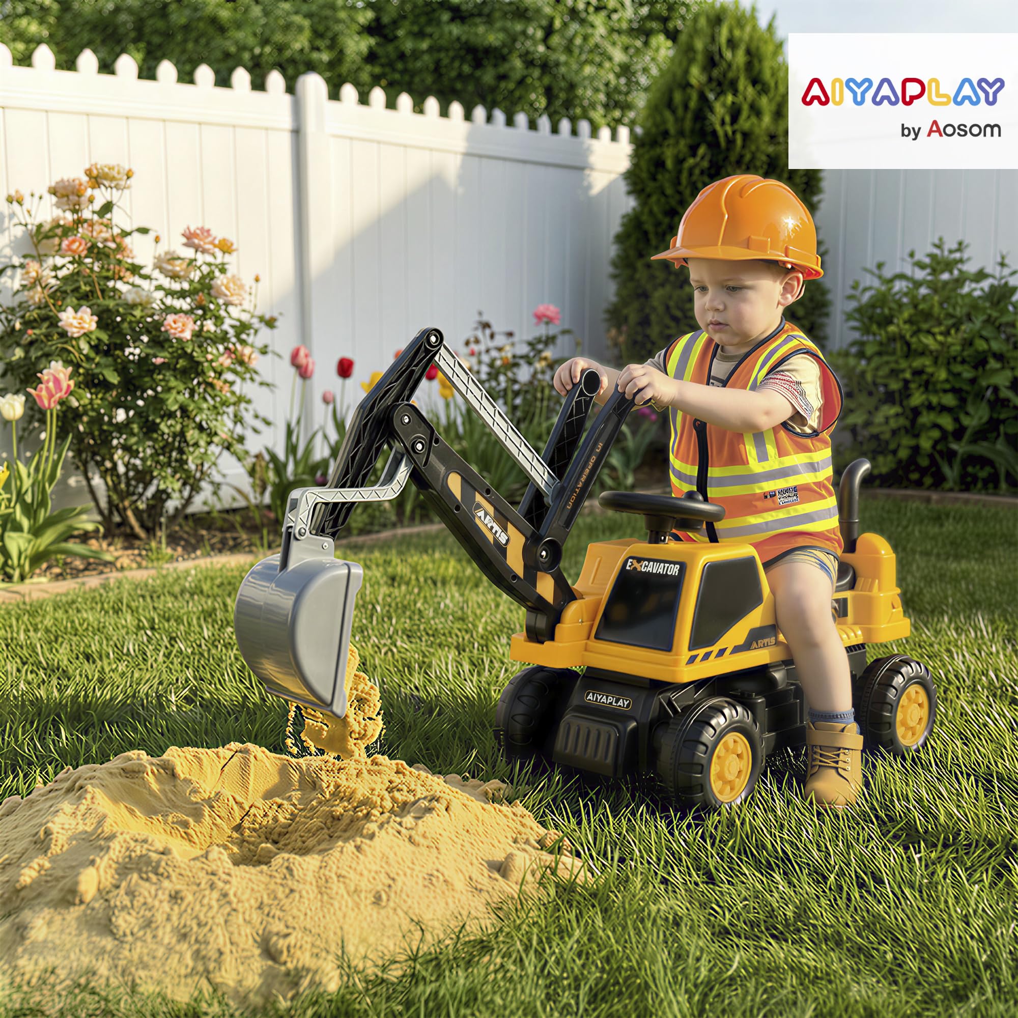 AIYAPLAY Escavatrice con paletta, per bambini, con struttura girevole, schienale regolabile, escavatore giocattolo per sedersi fino a 25 kg, per bambini da 1,5 a 3 anni, colore giallo