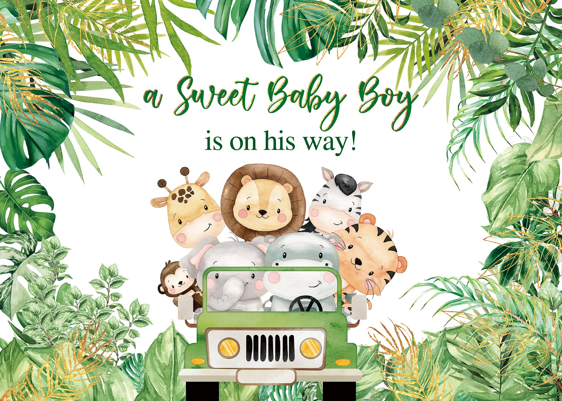 Jungle Animals Baby Shower Backdrop A Sweet Baby Boy is On His Way Photography Background Boys Baby Shower Photoshoot Wild Zoo Party Green Leaves Cake Table Decor 8x6FT - Image 2