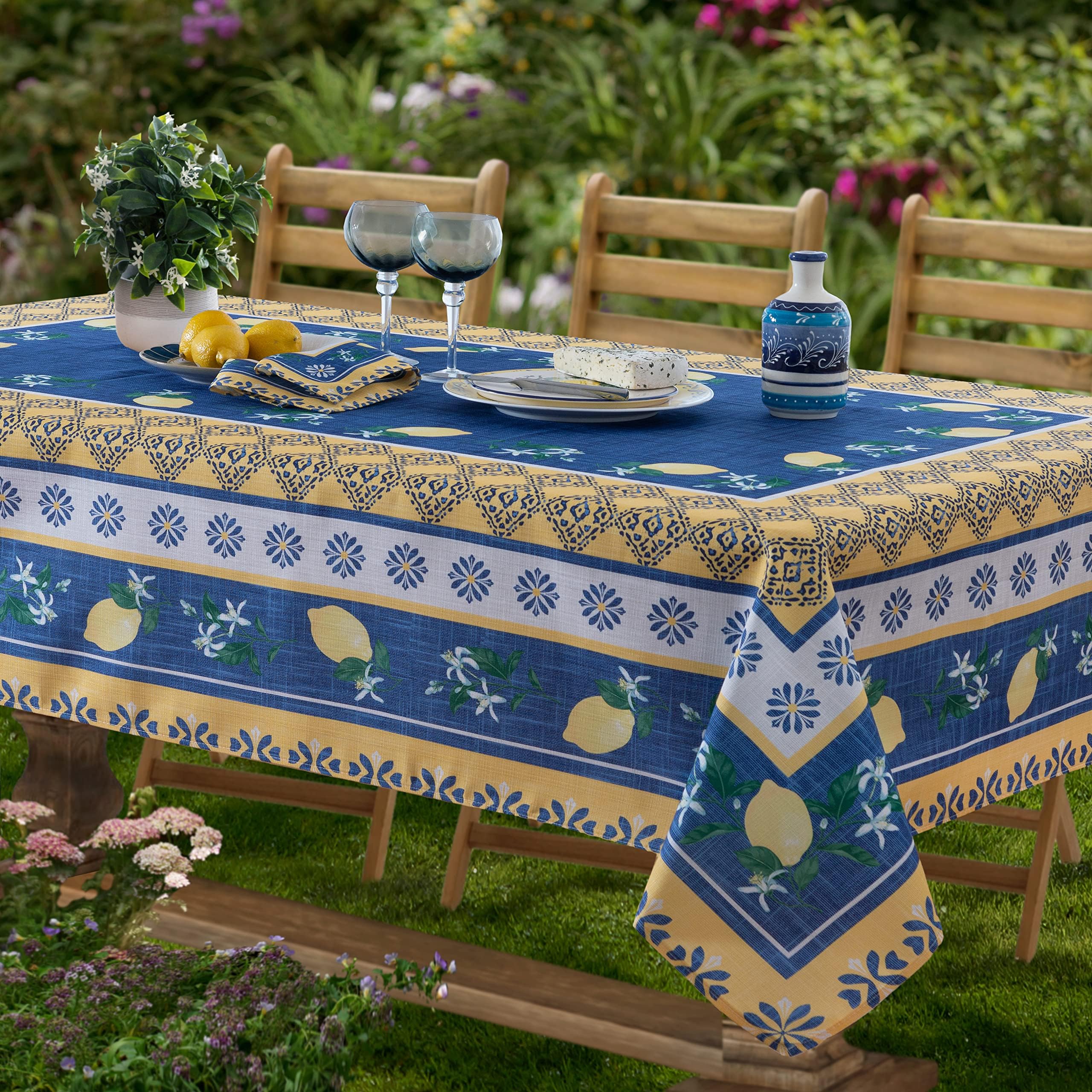 Rectangle Fabric Tablecloth, 60 x 102 Inch, Blue Lemon Garden, Indoor Outdoor Stain and Water Resistant Fabric Table Cloth, Mediterranean Orchard