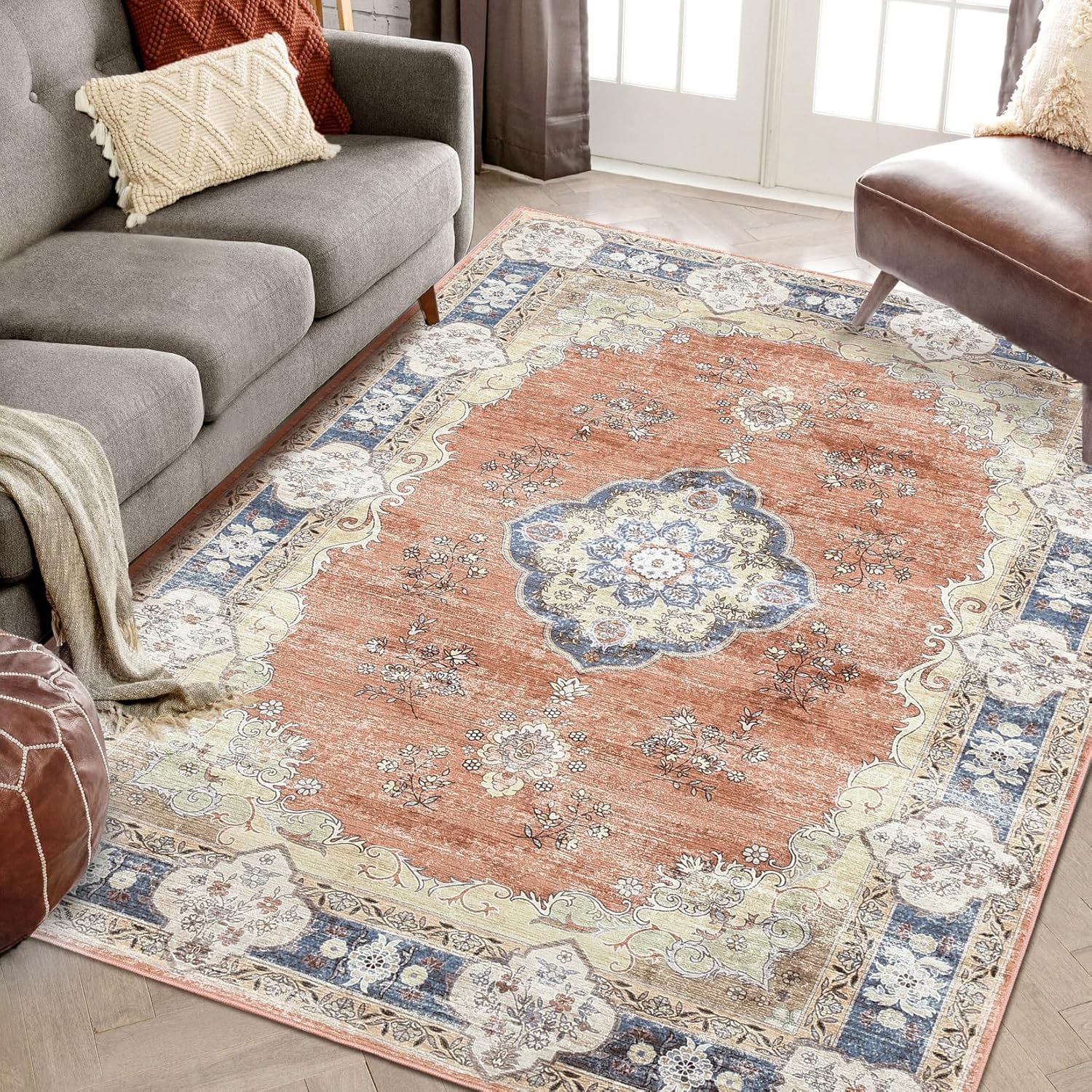 Orange 9' x 12' Vintage Floral Medallion Washable Rug