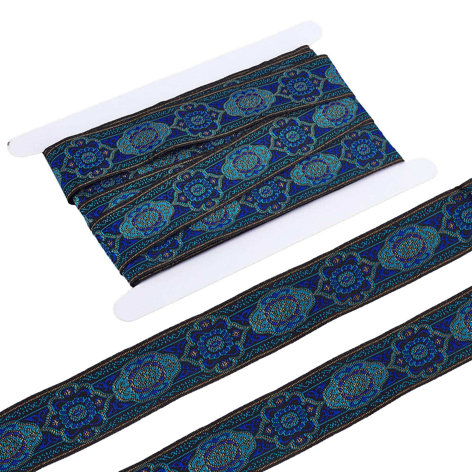 letsinstyle 7 Yards 1.29 Inch Vintage Jacquard Ribbon, Blue Boho Jacquard Embroidered Band, Fabric Floral Trimming for DIY Craft Accessories Embellishment Decorations