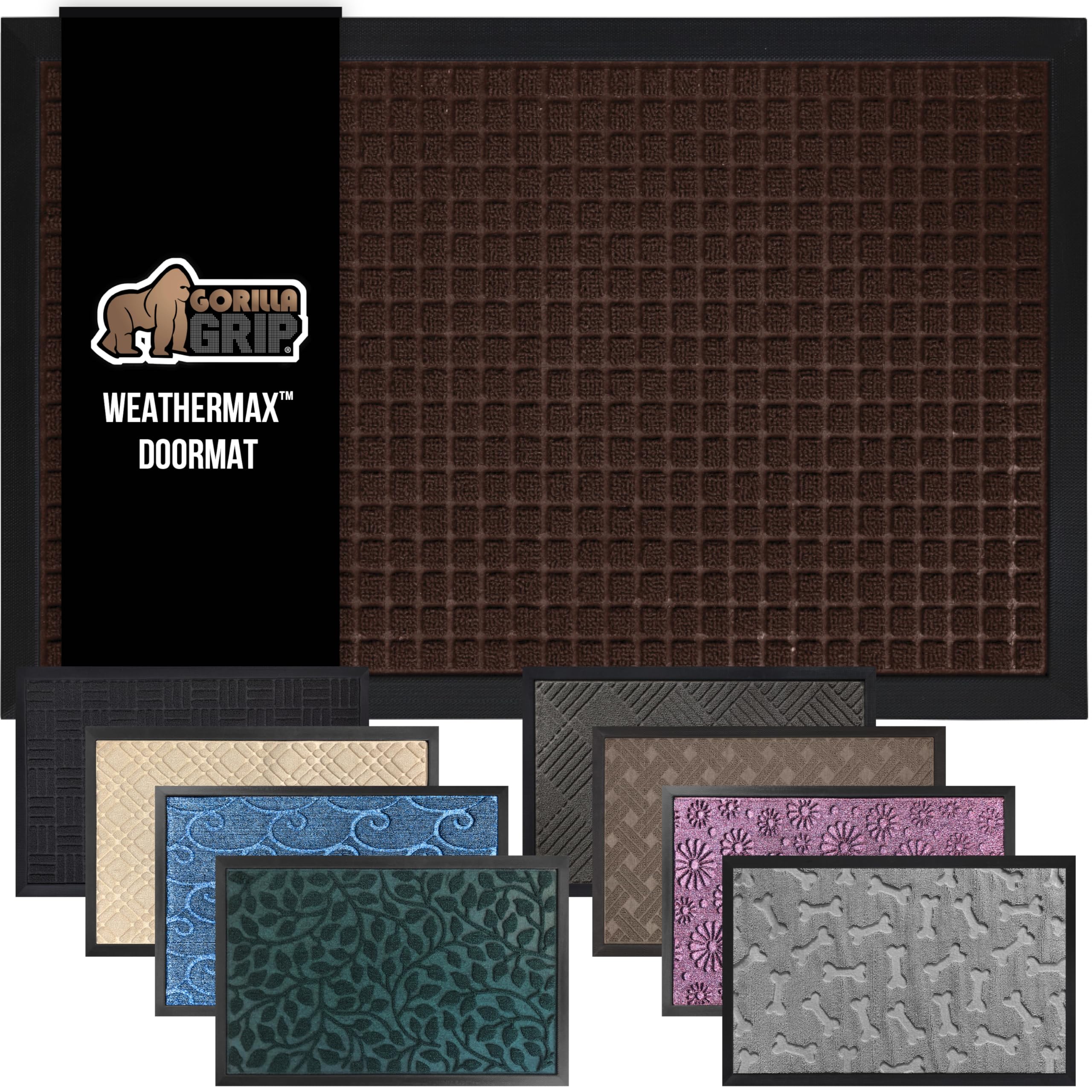 GORILLA GRIP 100% Waterproof All-Season WeatherMax Doormat 35x23, US Designed Natural Rubber, Stain and Fade Resistant, Low Profile Indoor Outdoor Door Mats, Easy Clean Patio Mat, Coffee Squares