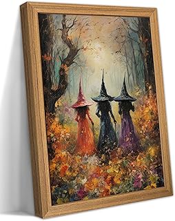 Framed Vintage Halloween Witch Wall Art – Halloween 3D Texture Witches P...