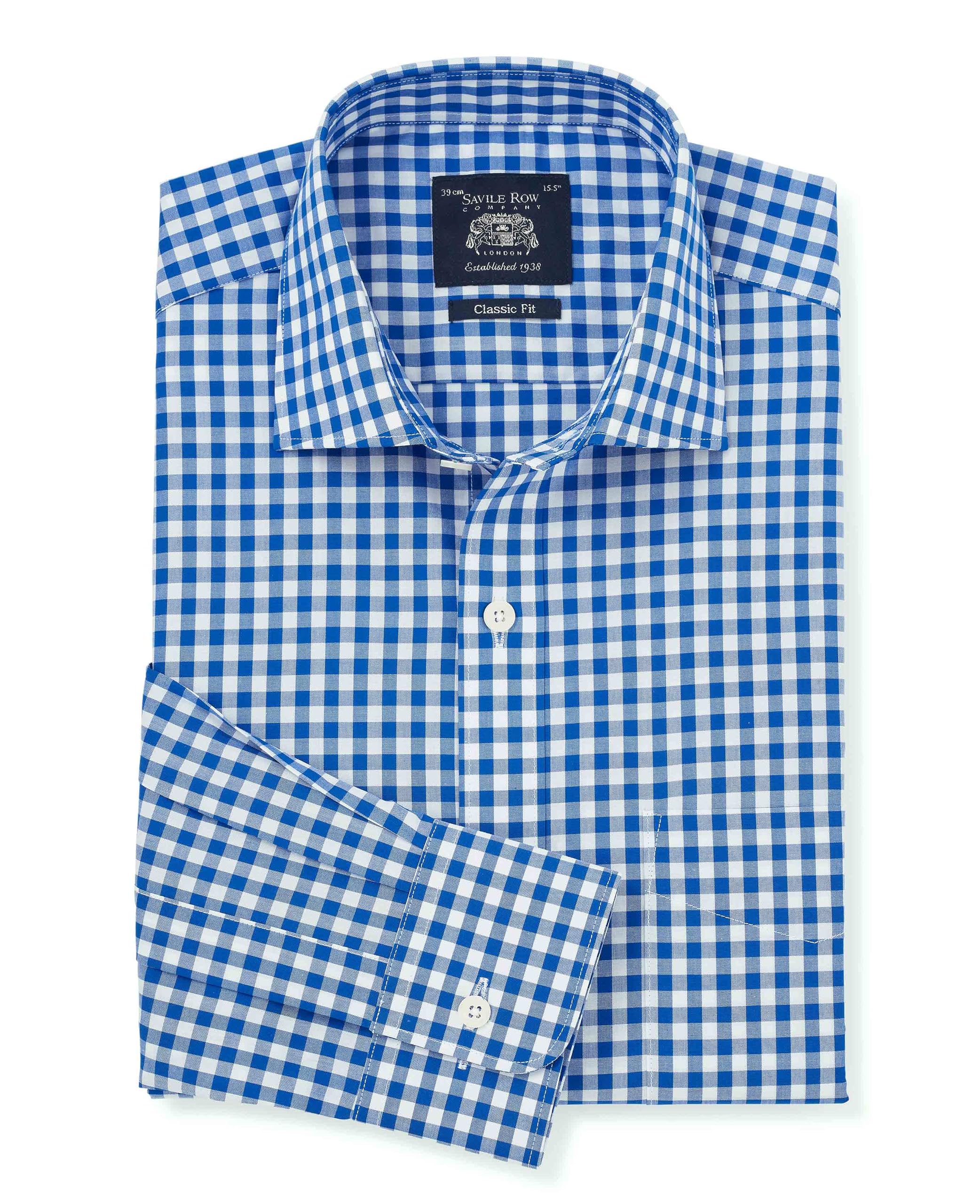The Savile Row Company London Men's Bold Blue Gingham Check Classic Fit Cotton Poplin Long Sleeve Formal Dress Shirt - Single Cuff - 18.5" Collar - Standard