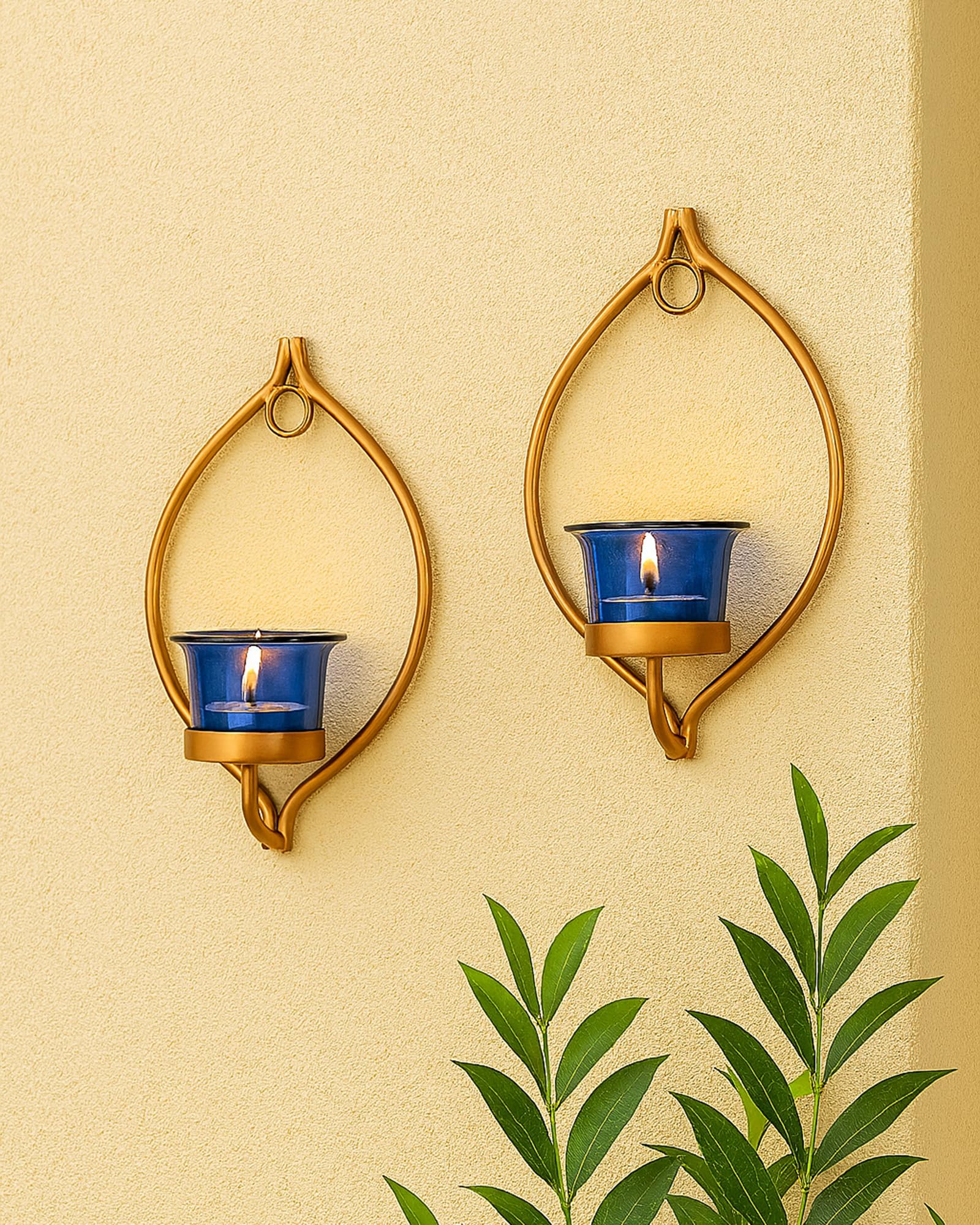 Homesake® Set of 2 Decorative Golden Eye Wall Sconce/Candle Holder with Blue Glass and Free T-Light Candles-image-47