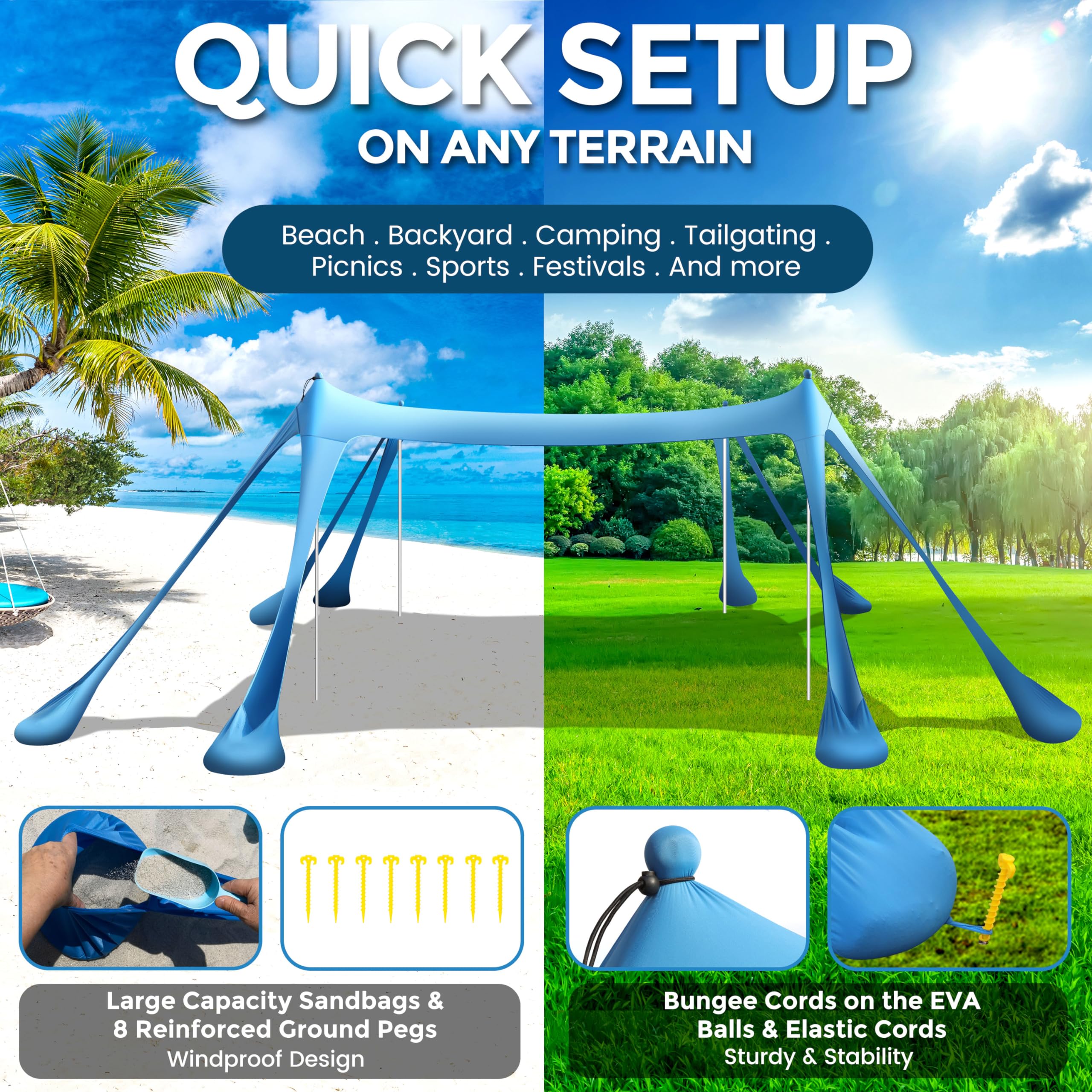 Strandüberdachung, Strandzelt, Pop-Up-Schatten, 3 x 3 m, Sonnenschutz LSF 50+, mit 8 Sandsäcken, 2 Sandschaufeln, 4 Aluminium-Stangen, Bodenheringe, tragbare Tragetasche für Outdoor, Familie