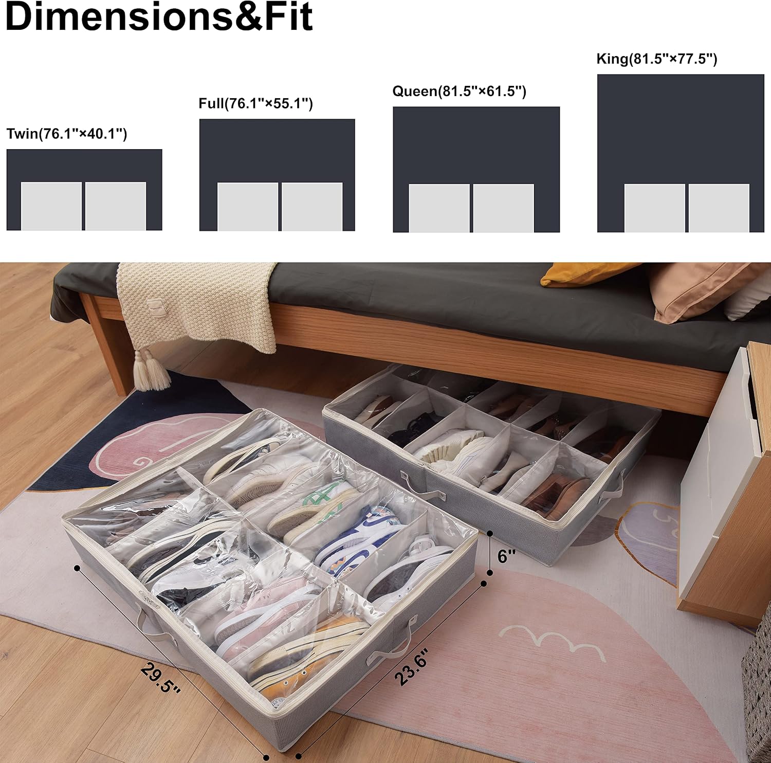 GRANNY SAYS Under Bed Shoe Storage Container, Breathable Under Bed Storage Bags with Zippers and Handle, Dividers Shoe Storage Bin Solution, Gray/Beige, 2-Pack