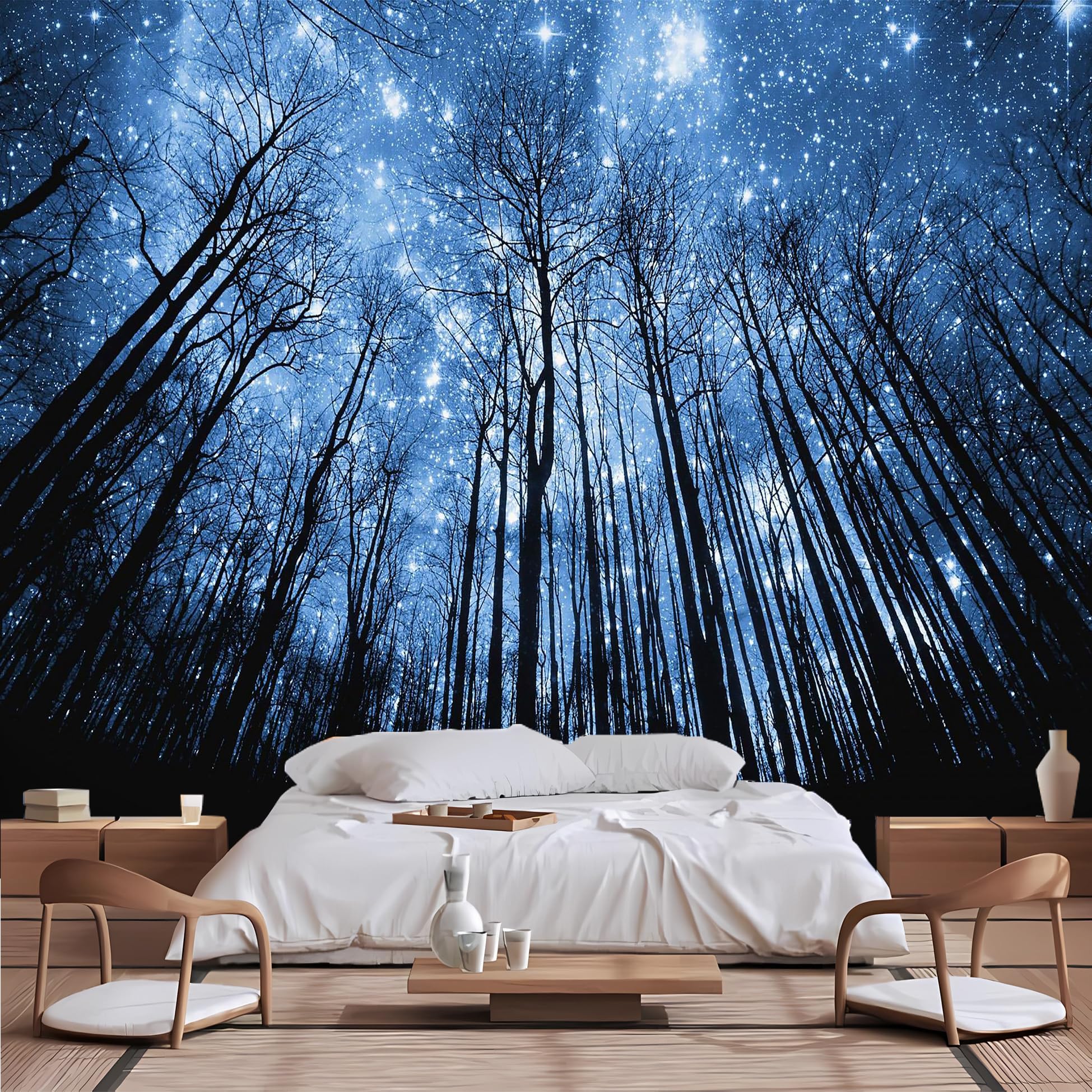 Lcythiazole Customizable Size Peel and Stick Murals Forest Starry Sky Wallpaper Mural Night Galaxy Tree Sky Wallpaper for Living Room Bedroom Children's Room