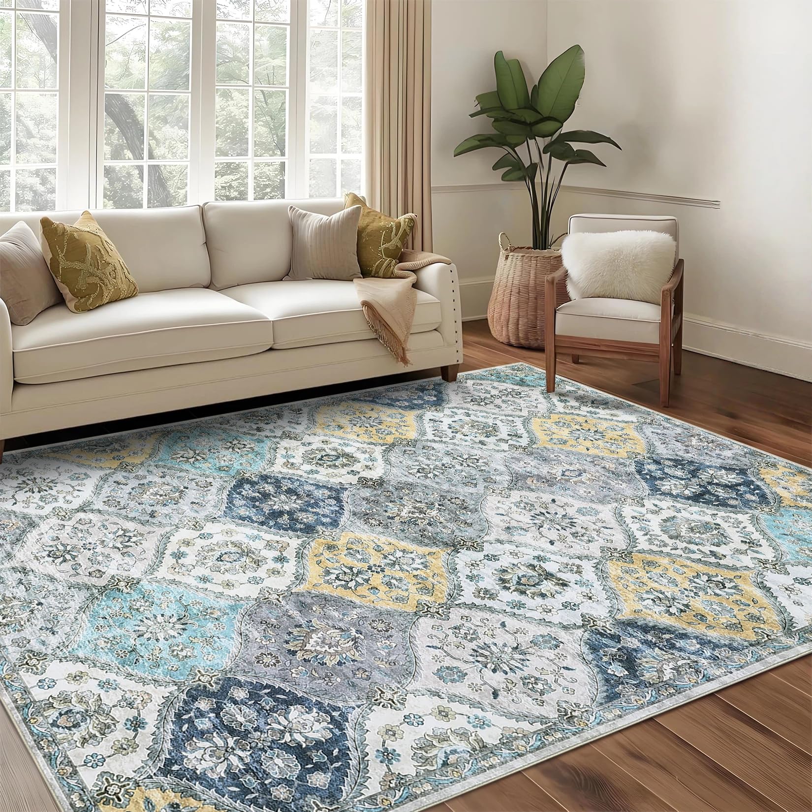 LuxFocus Vintage Living Room Rug 160x230 cm, Washable Floral Area Rug with Oriental Design, Non-Slip Low Pile Carpet for Dining Room & Bedroom, Blue Yellow โ image 1