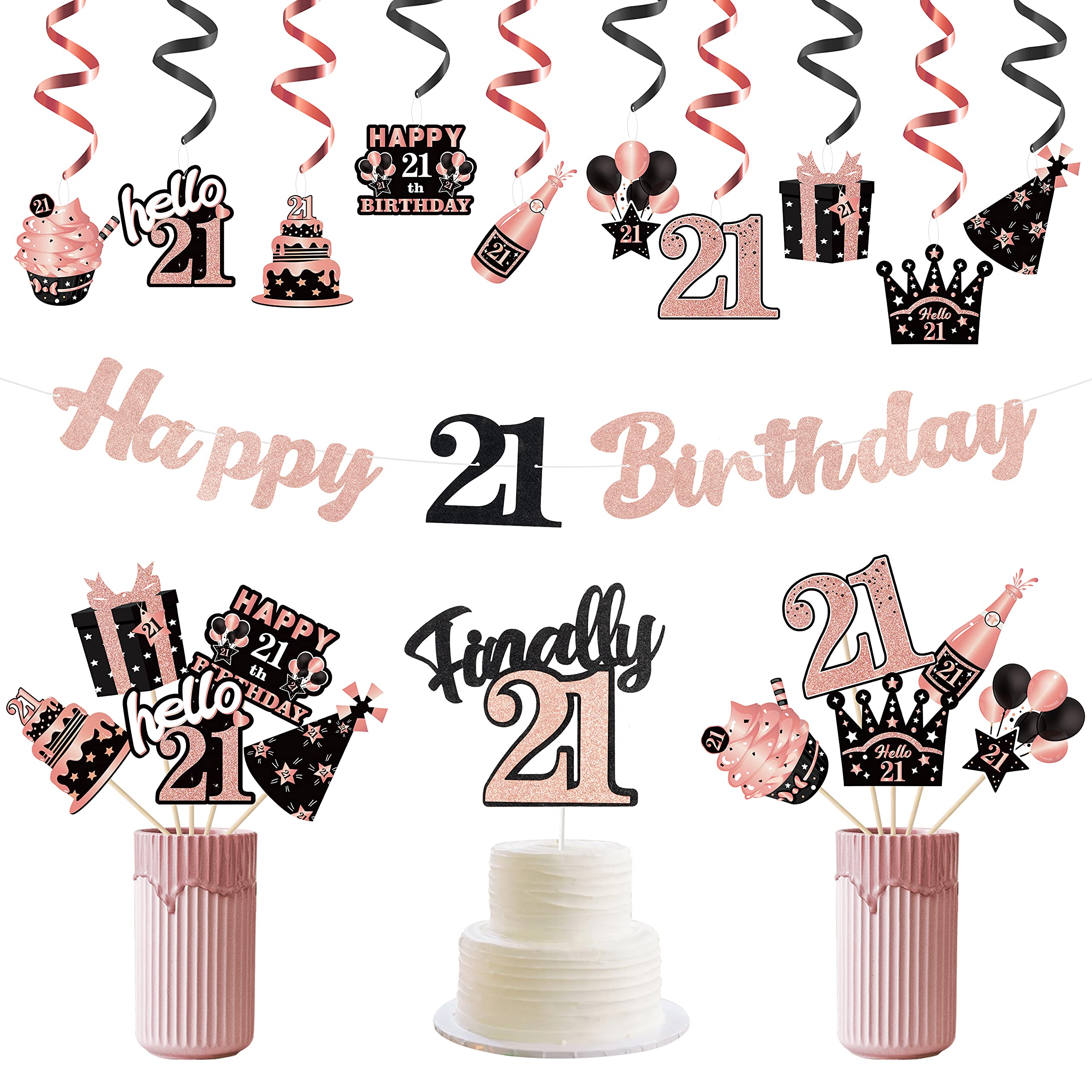Photo 1 of JAPBOR 42pcs 21st Happy Birthday Party Decorations, Rose Gold 21 Years Anniversary Birthday Banners Hanging Swirls Cake Topper Centerpieces Balloon Sign Photo Booth Props Party Supplies for Girls Boys