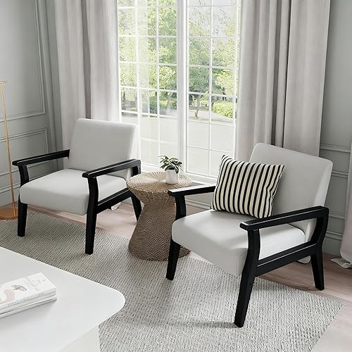 Miniatura 20 de HNY Sillón de mediados de siglo con marcos de madera, sillón tapizado de lino, para sala de estar, dormitorio, marfil Marco de madera dura natural