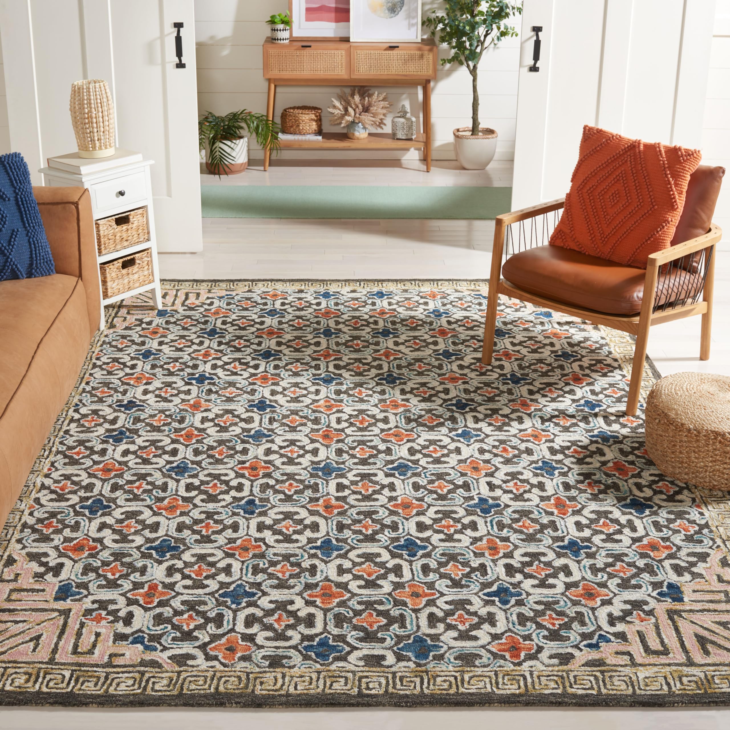 SAFAVIEH Aspen Collection Area Rug - 9' x 12', Blue & Taupe, Handmade Boho Wool & Viscose, Ideal for High Traffic Areas in Living Room, Bedroom (