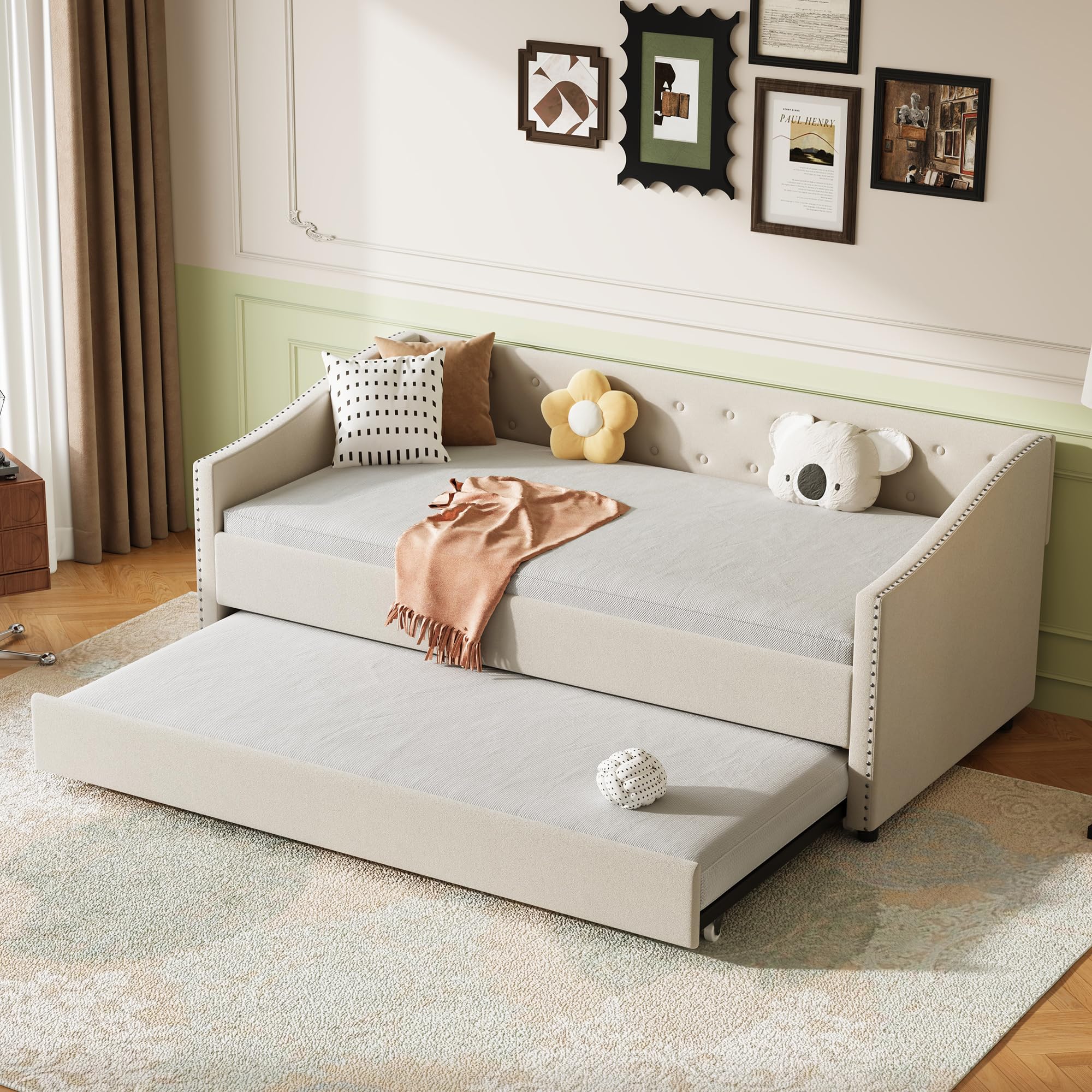 Twin Size Upholstered Daybed with Trundle,Tufted Day Bed w/Button on Back and Piping on Waved Shape Arms for Bedroom Guest Room, No Box Spring Needed,Beige