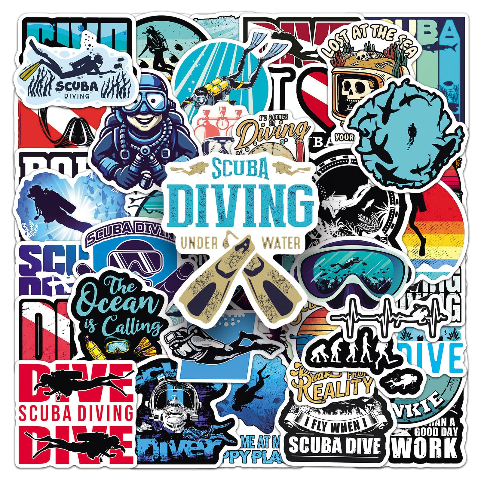 50Pcs Scuba Diving Stickers Ocean Themed Vinyl Decals for Laptops Skateboards Luggage Helmets Bikes and Phones Fans Lovers and Underwater Style Enthusiasts