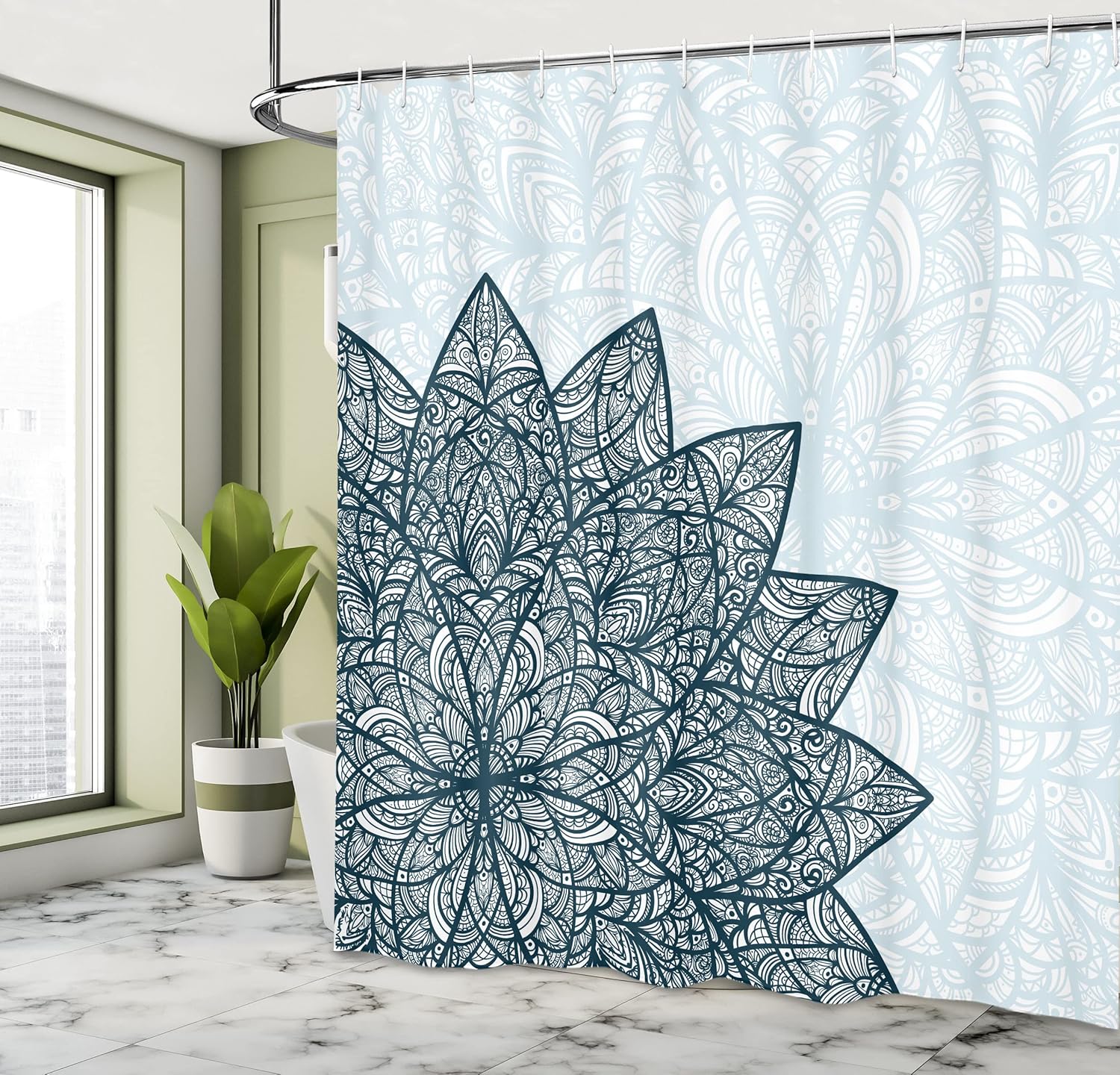 Ambesonne Ethnic Shower Curtain, Classic Mandala Lines and Leafy Details of Bohemian Flowery Trippy Concept Botany, Cloth Fabric Bathroom Decor Set with Hooks, 69" W x 70" L, Pale Mint