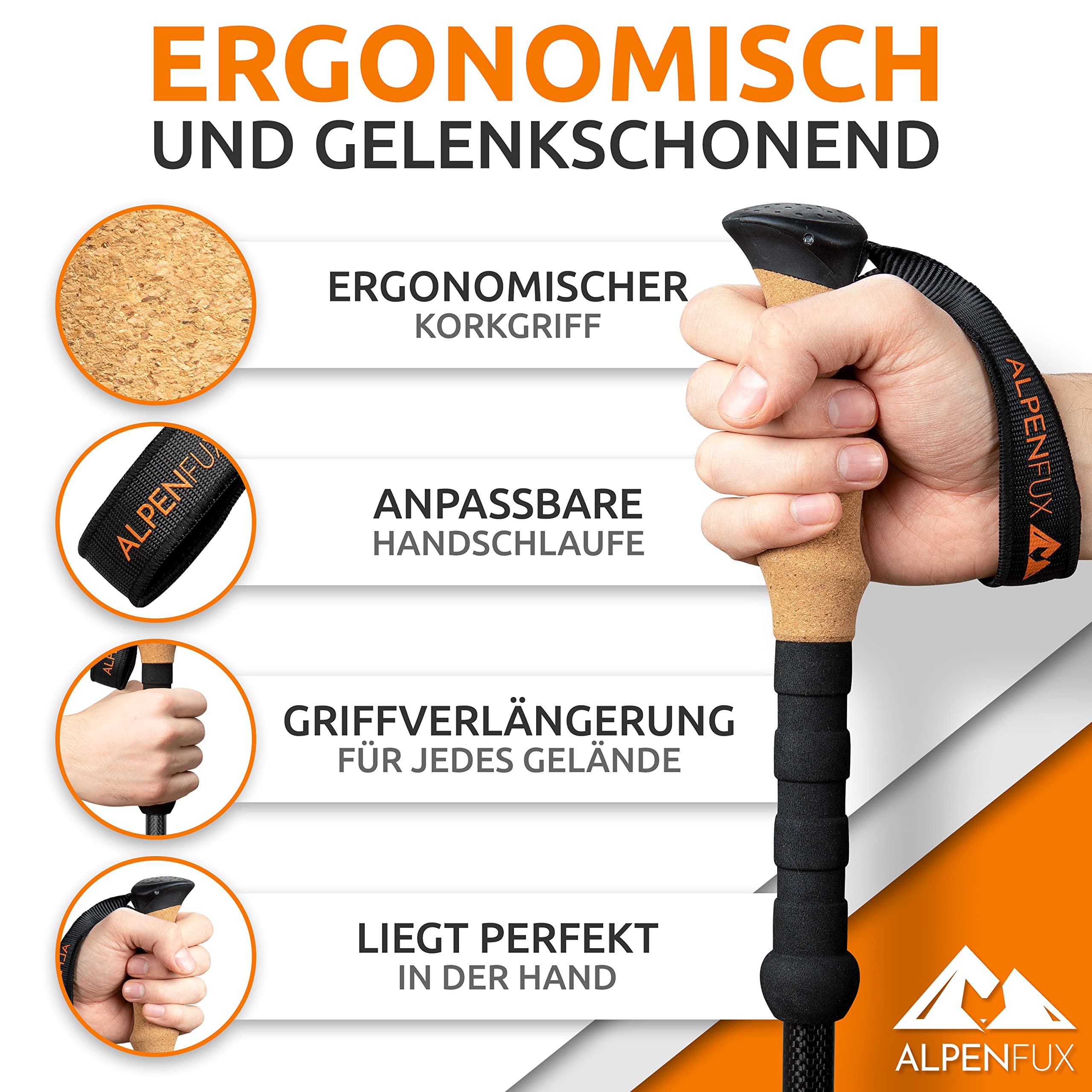 ALPENFUX® Bastoni da trekking telescopici, bastoncini da trekking, bastoncini da nordic walking, leggeri e regolabili con manico in sughero per uomo e donna