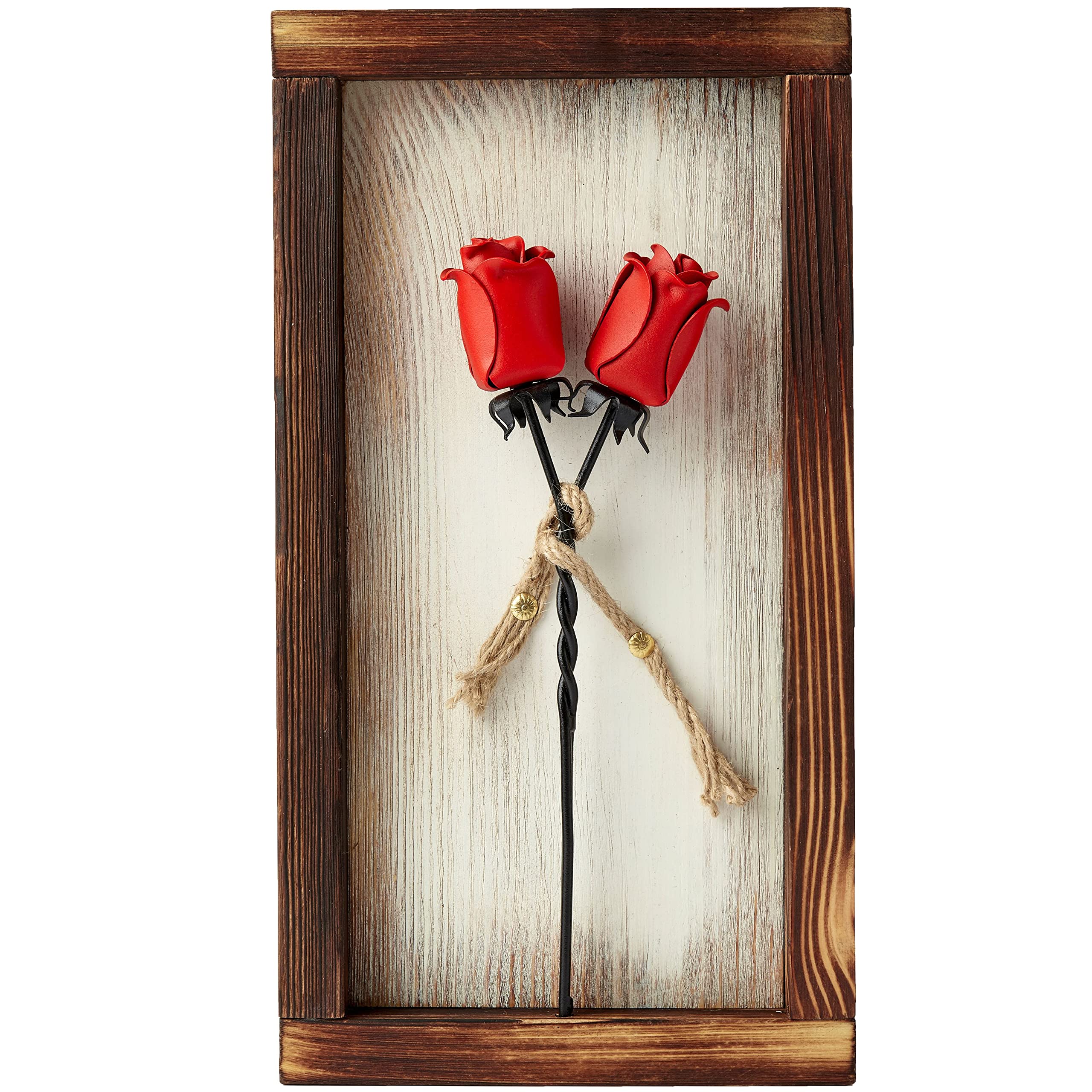 NOVECRAFTO Red Forged Iron Roses in Mountable Wooden Frame (15.74" x 8.66") – Romantic Gift for 6th Anniversary – Wrought Iron & Wood Decor for Her, Perfect for 5 Year Celebrations