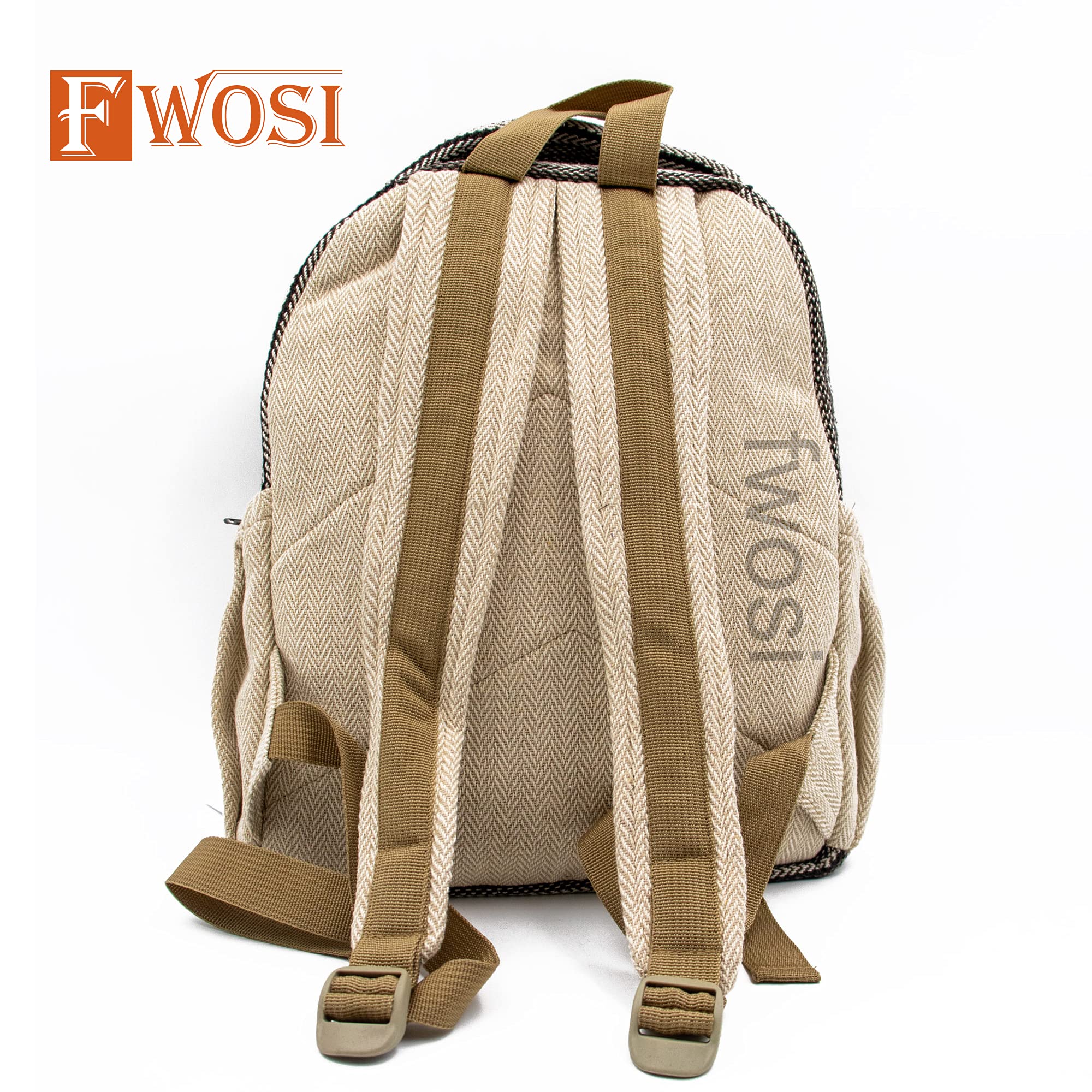 Fwosi - Mochila tejida – Bolsa de cáñamo para la universidad, senderismo y viajes – Ligero, multibolsillo, 5 compartimentos para accesorios diarios – Artesanía de Nepal