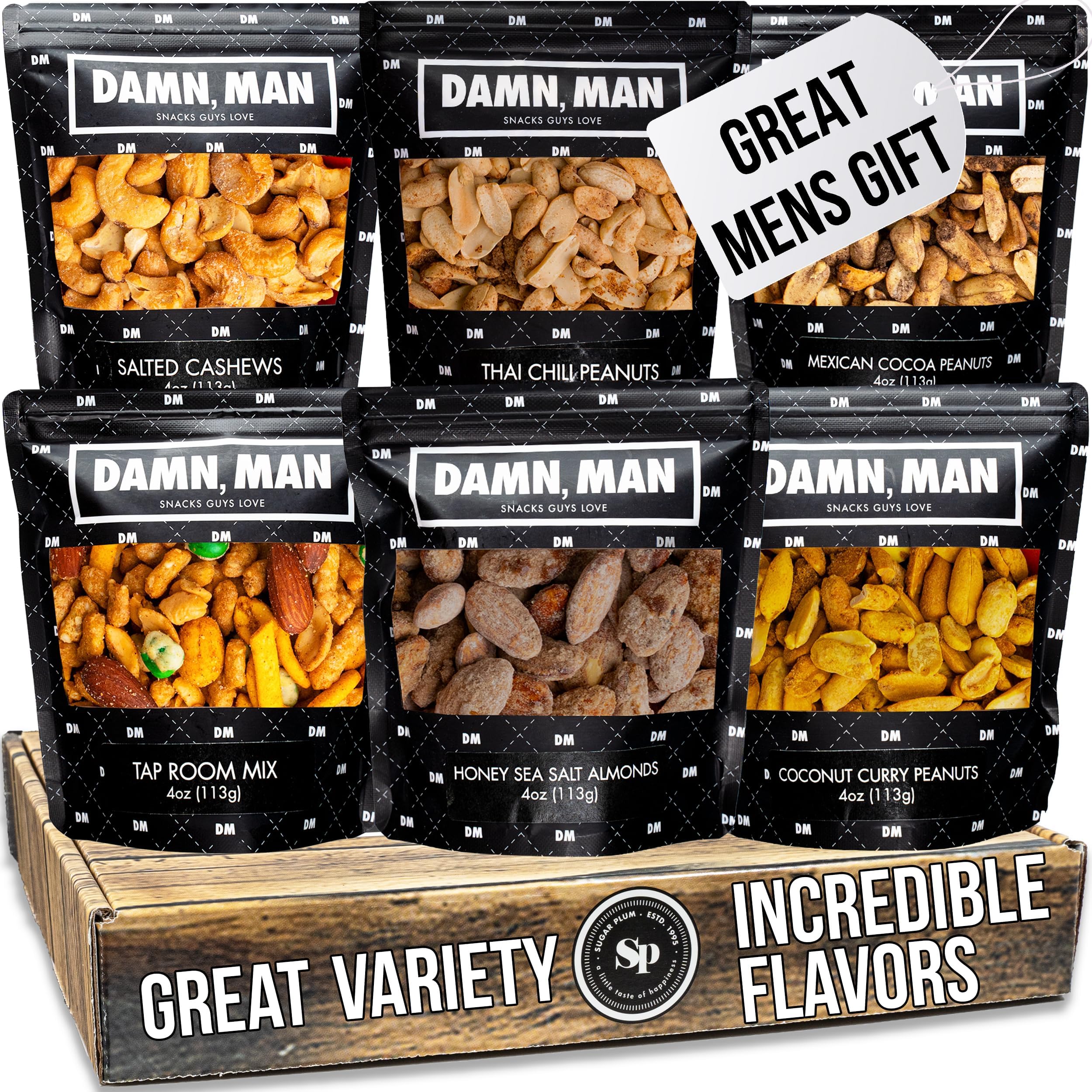 Sugar Plum Chocolates Nuts Gift Basket for Men - 6 Unique Nut Flavors, Great Gift for Men, Birthday Gift for Dad, Men's Food Gift Basket, Lan
