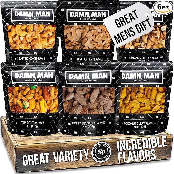 Nuts Gfit Basket for Men - Birthday Gifts for Men, Dad, Husband, Adults - 6 Gourmet Nut Flavors, Snack Box, Variety Food Basket, Unique Gift Idea for Family, Healthy Snack Pack