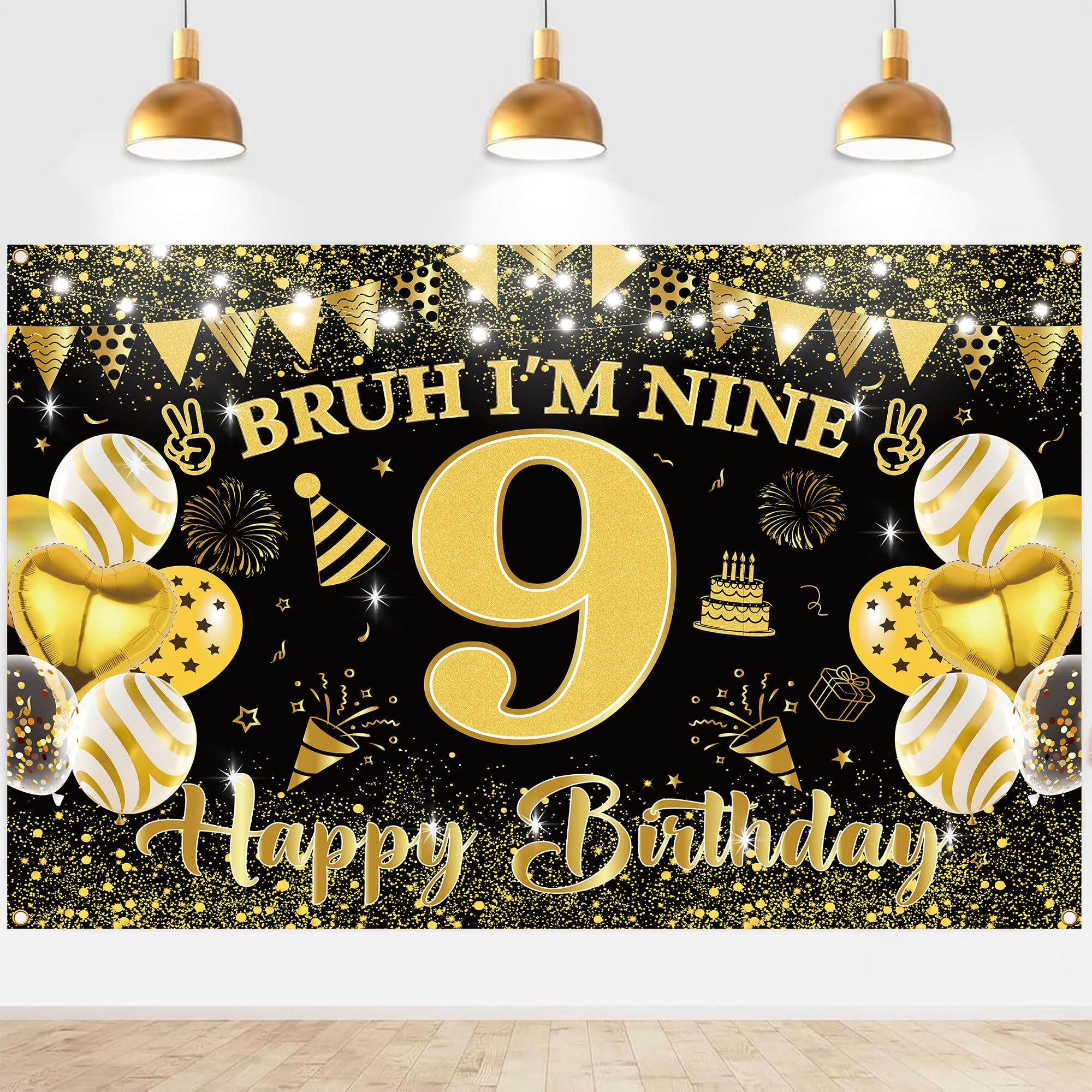 9th Birthday Decorations Backdrop Banner - 180 x 110 cm Black Gold Bruh I'm Nine 9 Happy Birthday Backdrop for Boys Funny 9 Year Old Party Decoration Supplies Indoor Outdoor Photo Booth Background