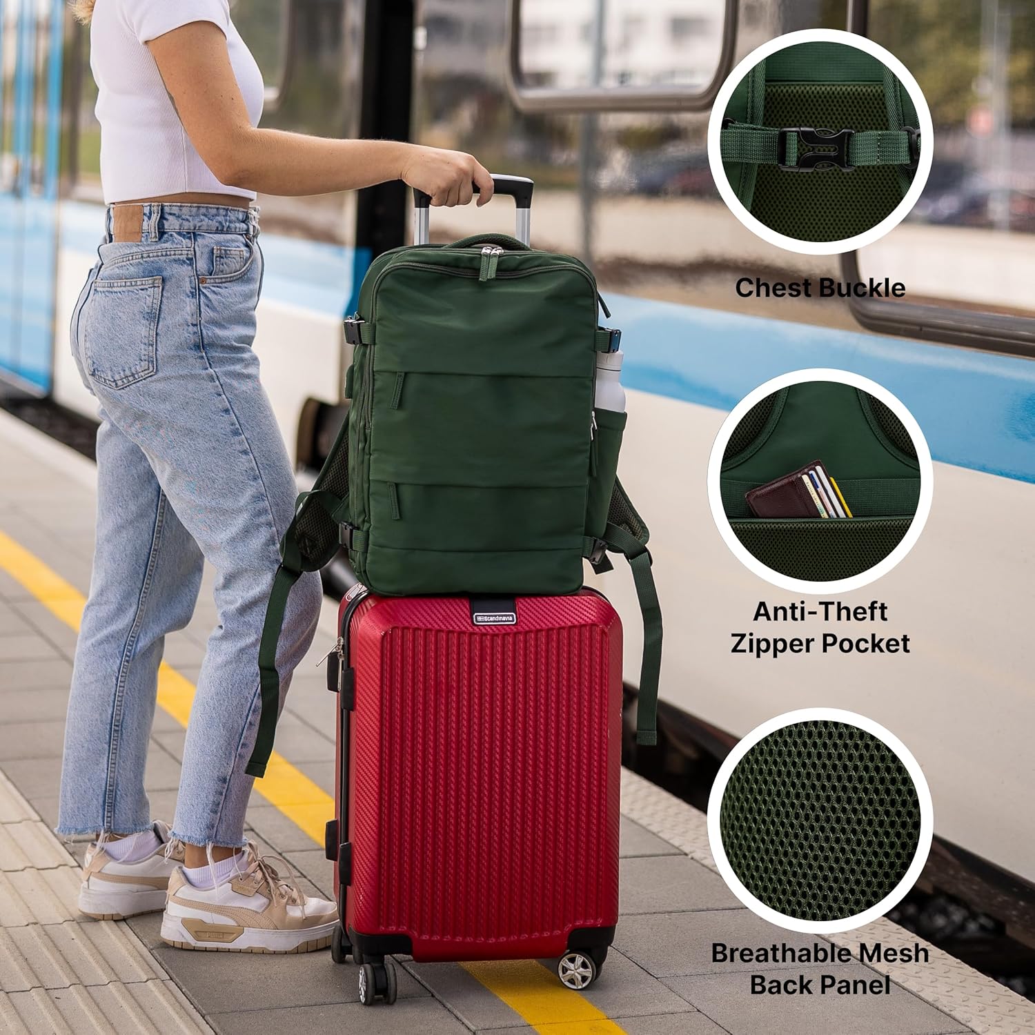 Carrywell (Not Made In China) Travel Backpack Airline Approved, Carry-On Underseat, Holds 15.6 or 16 Inch Laptop, Personal Item Bag with Shoe Compartment For Men Women, Green 30l - Image 3