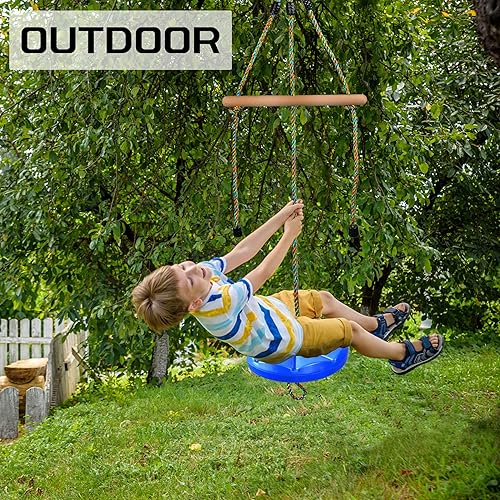 Miniatura 7 de Columpio de disco para niños, juego de columpios de árbol, accesorios de cuerda ajustable con barras de mono, 1 mosquetón, 2 correas colgantes