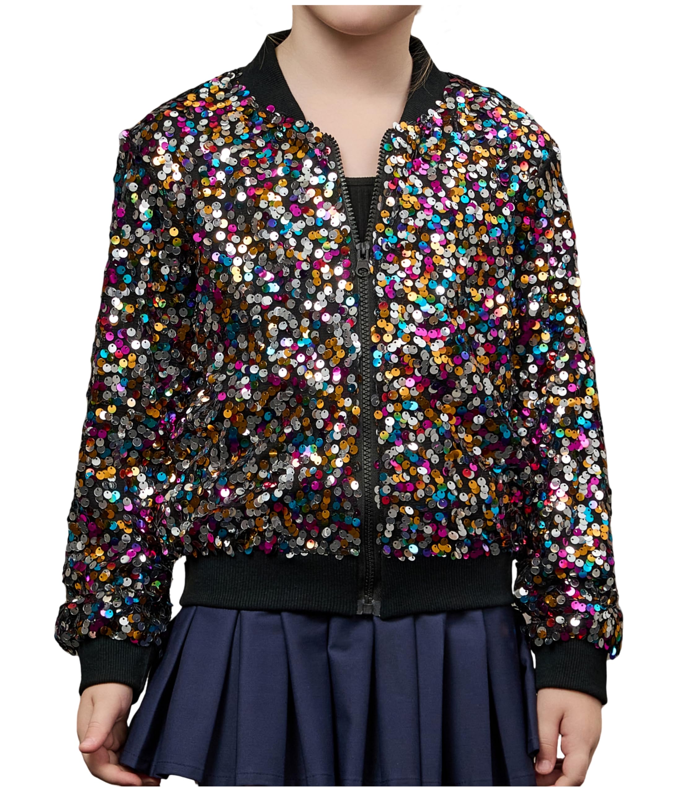Girls Sequin Bomber Jacket Glitter Outwear Long Sleeve Zipper Jackets 5-12T