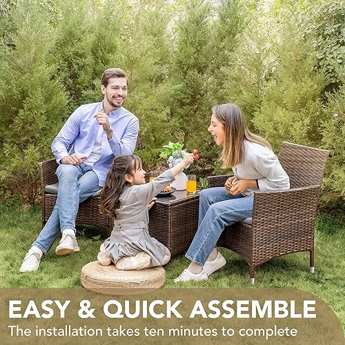 Vista 4 de Devoko - Juegos de 3 piezas de muebles para porche/patio, ratán de polietileno, sillas de mimbre con mesa - Muebles de jardín para exteriores