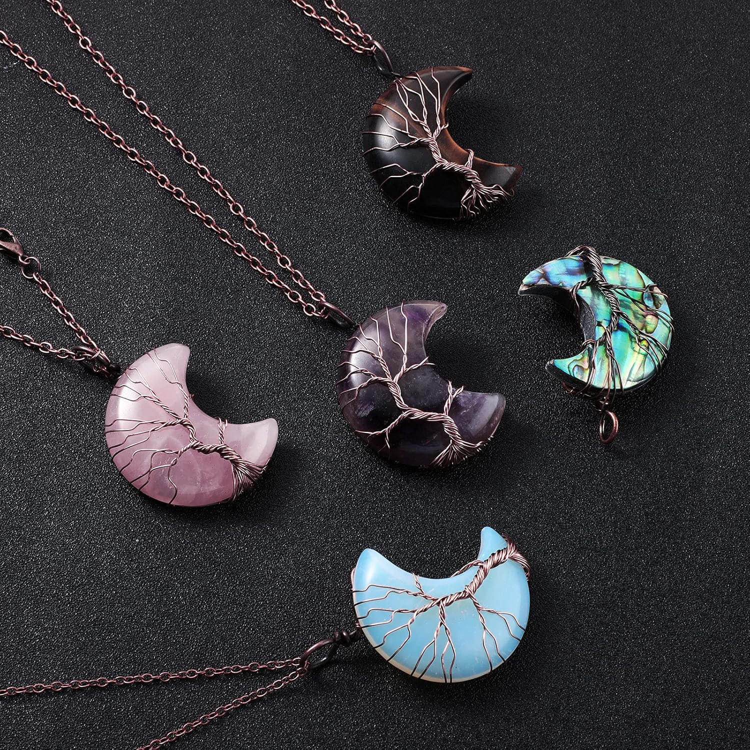 Hicarer 5 Pieces Tree Life Crescent Moon Necklace Copper Wire Wrap Natural Gemstones Healing Crystal Pendant Quartz Jewelry - Image 4