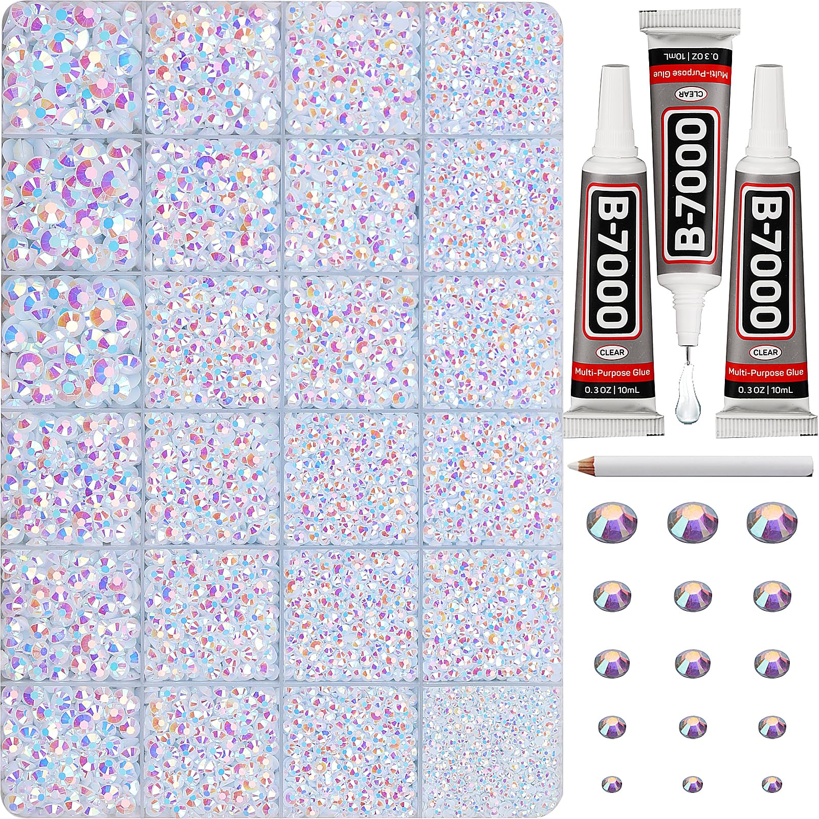 31000Pcs White AB Rhinestones for Bedazzling, Bedazzler Kit with Flatback Rhinestones for Clothes Crafting Crafts Nails, 2,3,4,5,6mm Flat Back Resin Crystal Bedazzling Kit with B 7000 Glue Clear