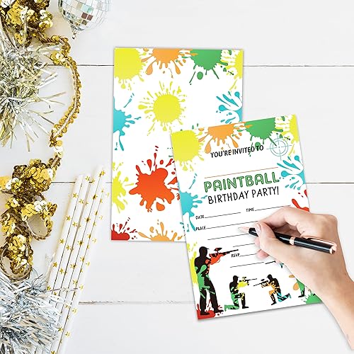 Miniatura 3 de Paintball - Tarjetas de invitación para fiesta de cumpleaños, 20 invitaciones de doble cara con sobres, suministros blancos de fiesta de batalla