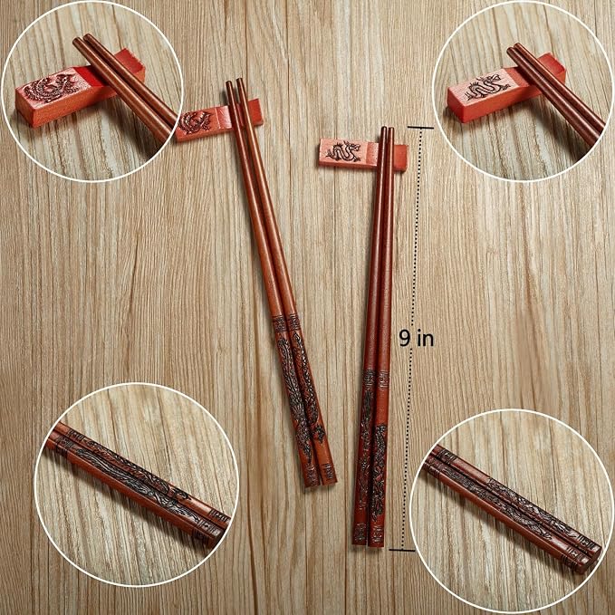 Palillos chinos reutilizables Dragón y Fénix con soporte y bolsa de transporte, conjunto tradicional y elegante (2 pares) miniatura 2