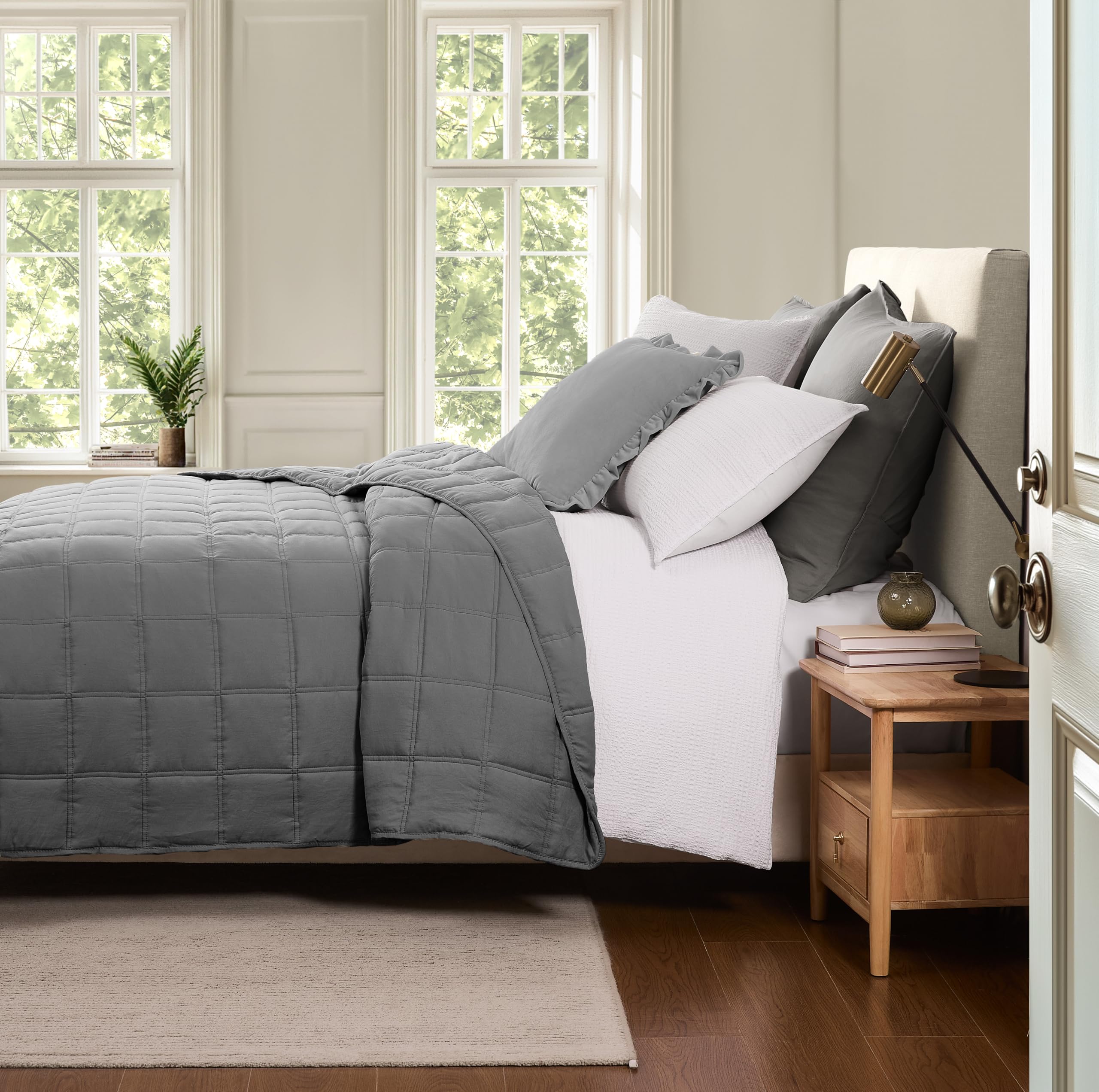 R.SHARE Tagesdecke 300x270 Grau, Weich Bettüberwurf Steppdecke aus Mikrofaser für Bett Sofa Couch (ohne Kissenbezug), Kariert Kuscheldecke Wohndecke Sofaüberwurfdecke Oeko-TEX Frühling Sommer