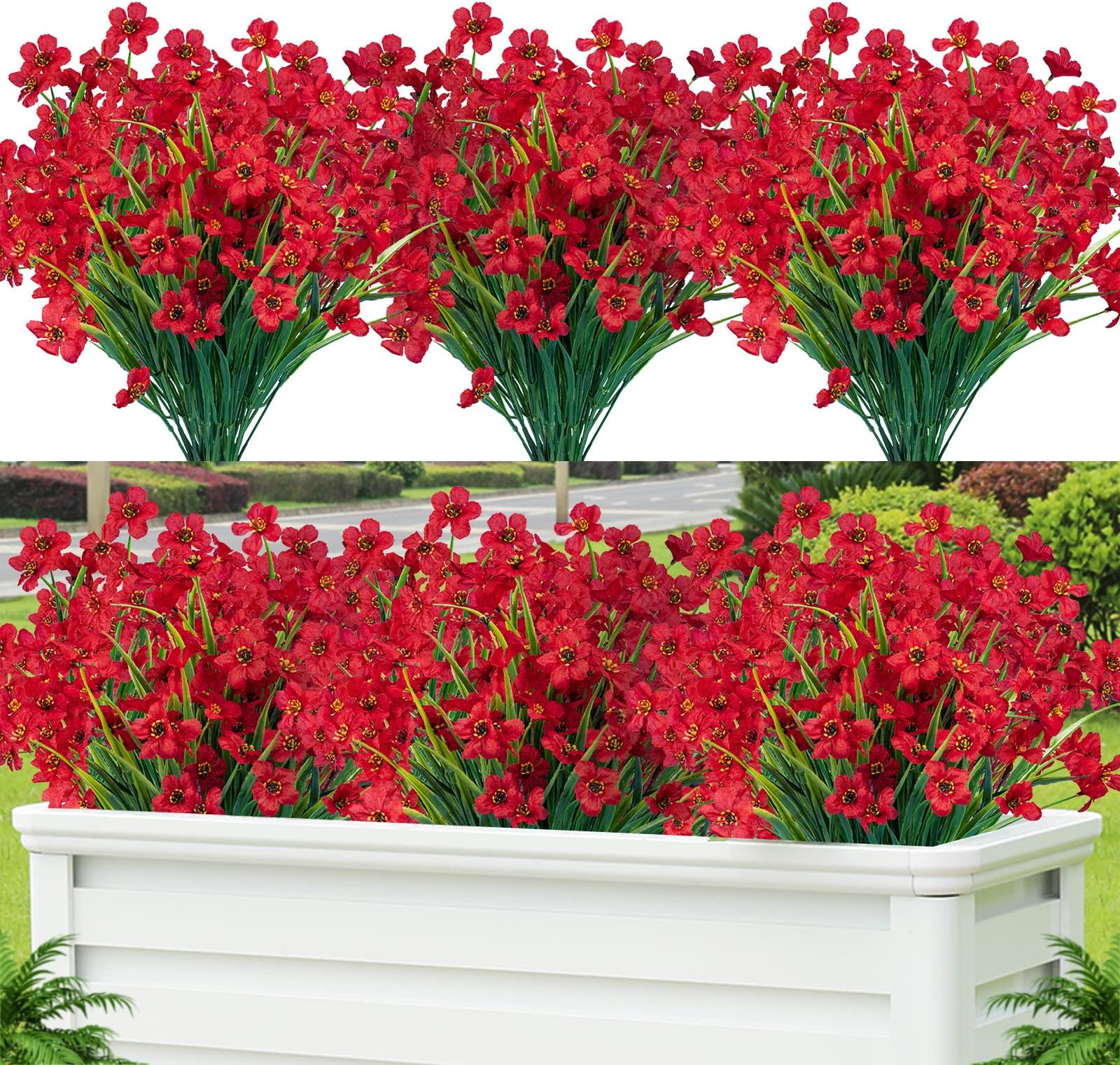 Lnoicy 12 Pcs Artificial Flowers for Outdoor,Plastic Flowers Decoration, UV Resistant Faux Flowers Shrubs, Artificial Plants for Indoor Outside Garden Home Wedding Farmhouse（Red）